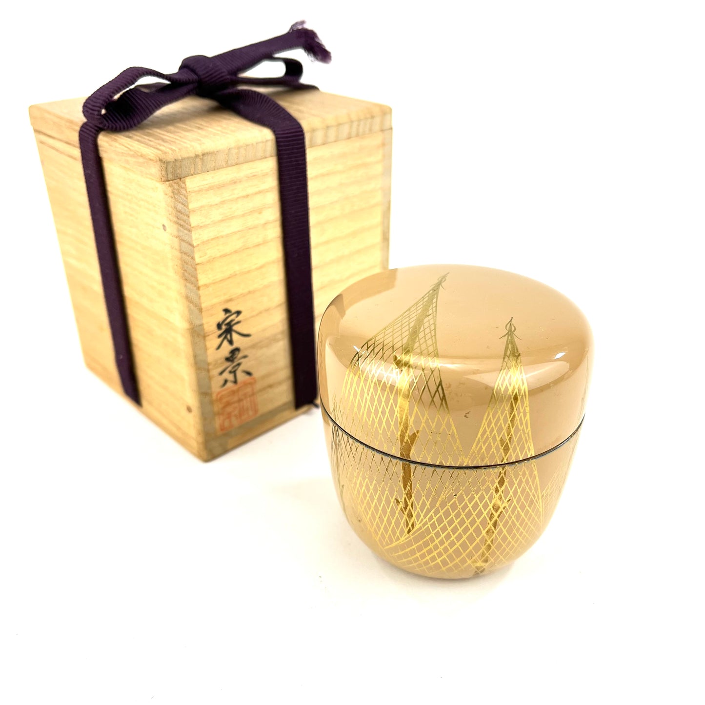 Japanese Tea Ceremony Natsume Fishing Nets Drying in Gold Makie w/Box 4”