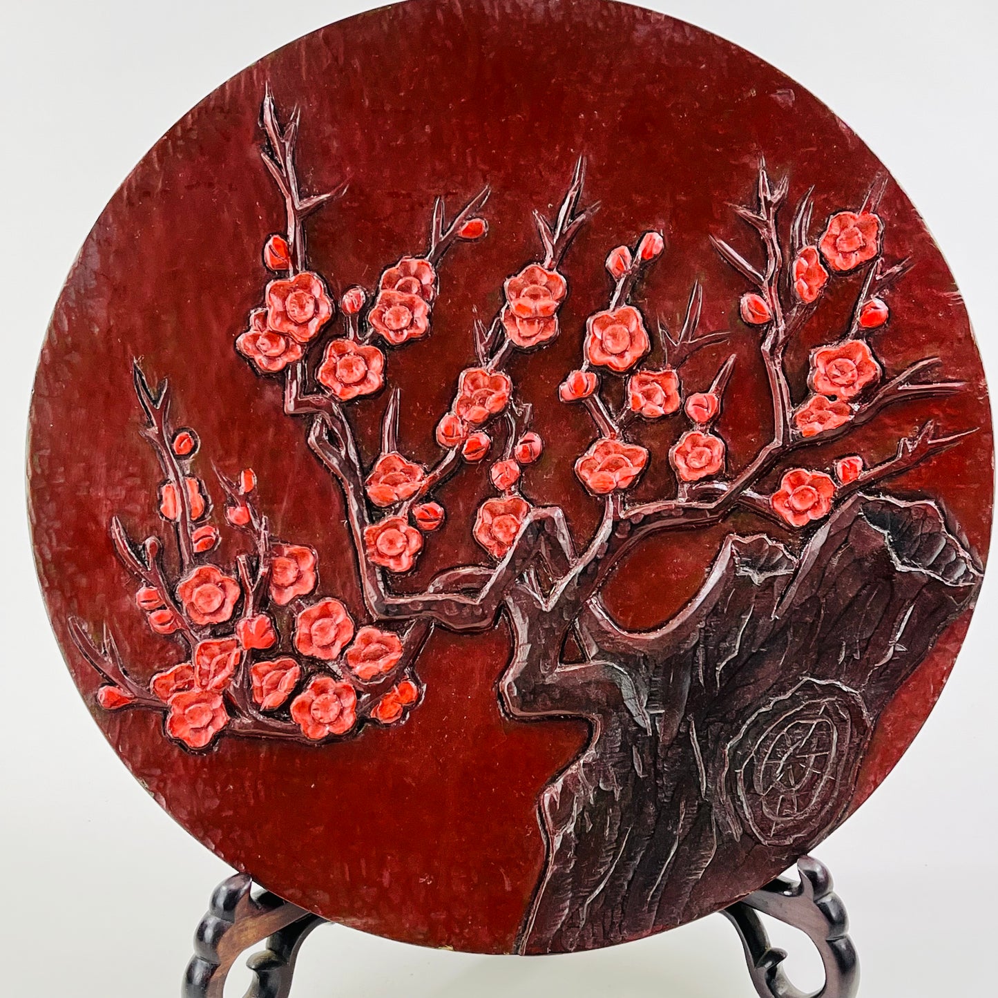Vintage Japanese Kamakurabori Plate Plum Blossom Flowers Deep Red Lacquer 9”