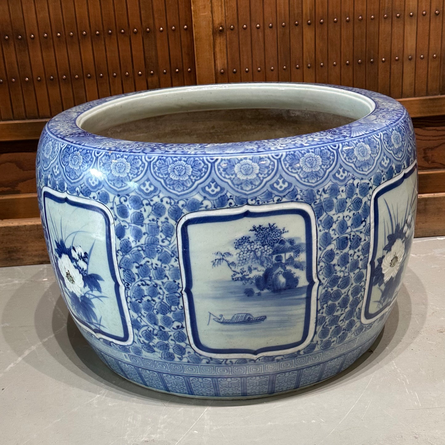 Antique Japanese Meiji Era Ceramic Blue & White Hibachi Brazier Floral Motif 24”