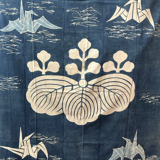 Antique Japanese 19th Century Textile Kiri Leaf & Cranes - Tsutsugaki 72"x62"