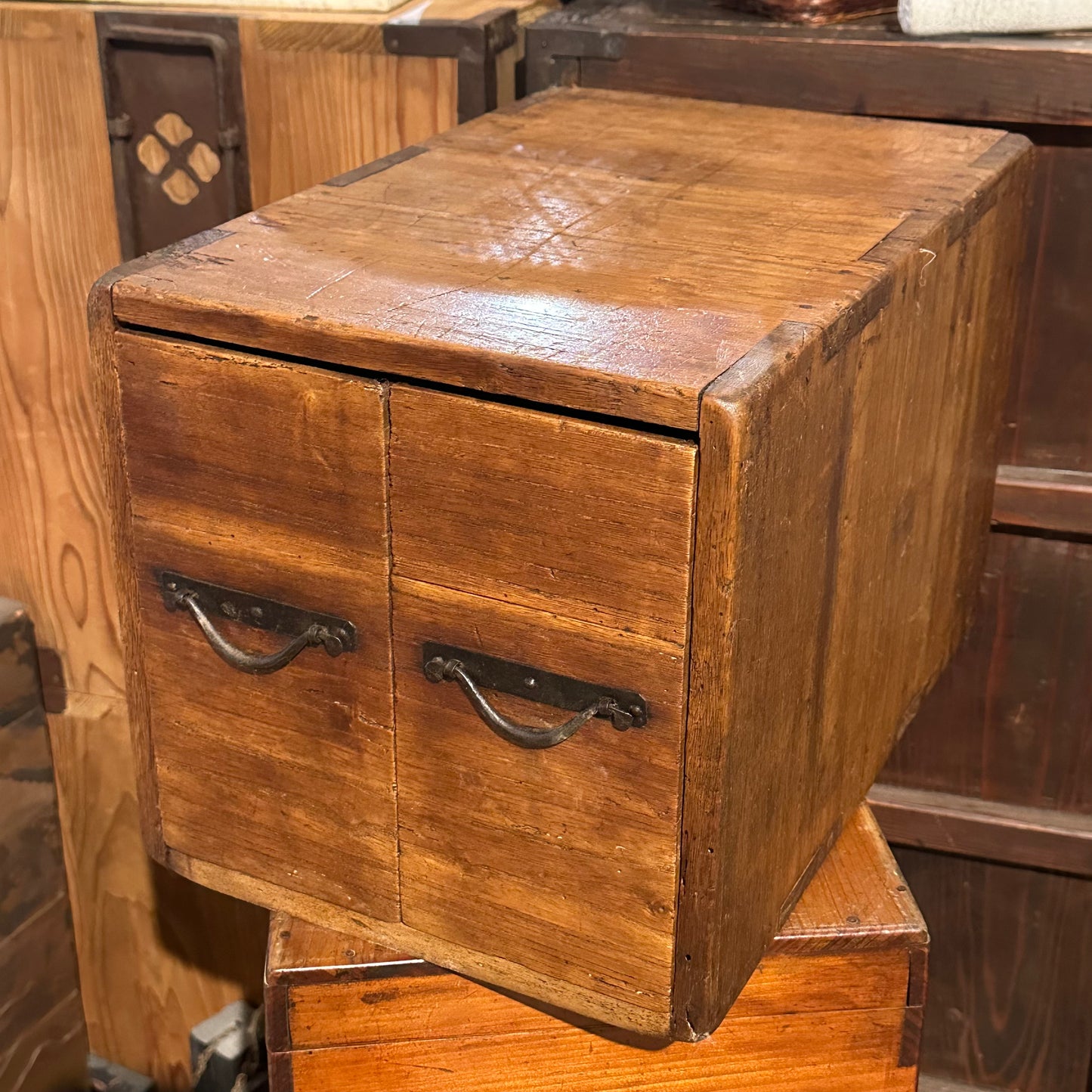 Antique Japanese Small Tansu Taisho Era c1920’s Two Drawer 10.5”W