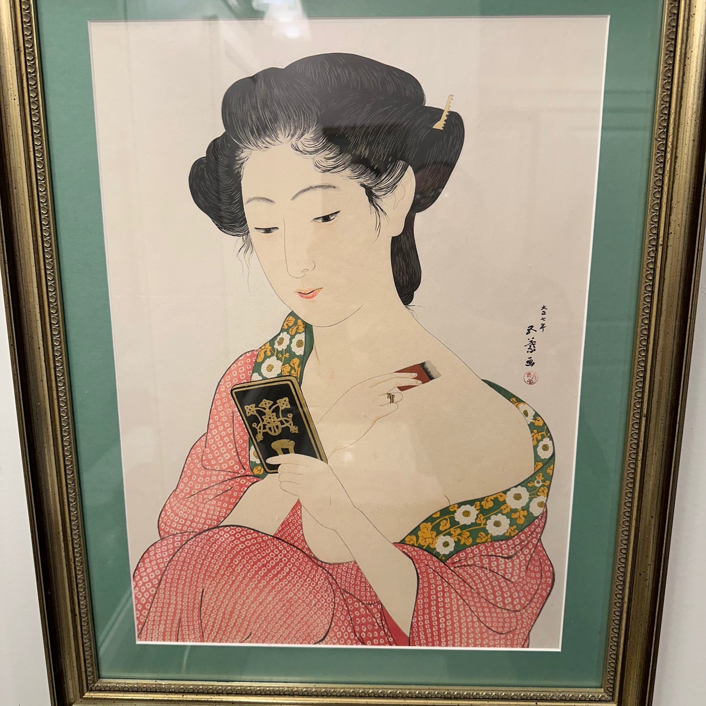 Original Woodblock Print by Goyō c1918 "Woman Powdering Her Neck" Framed LS#169