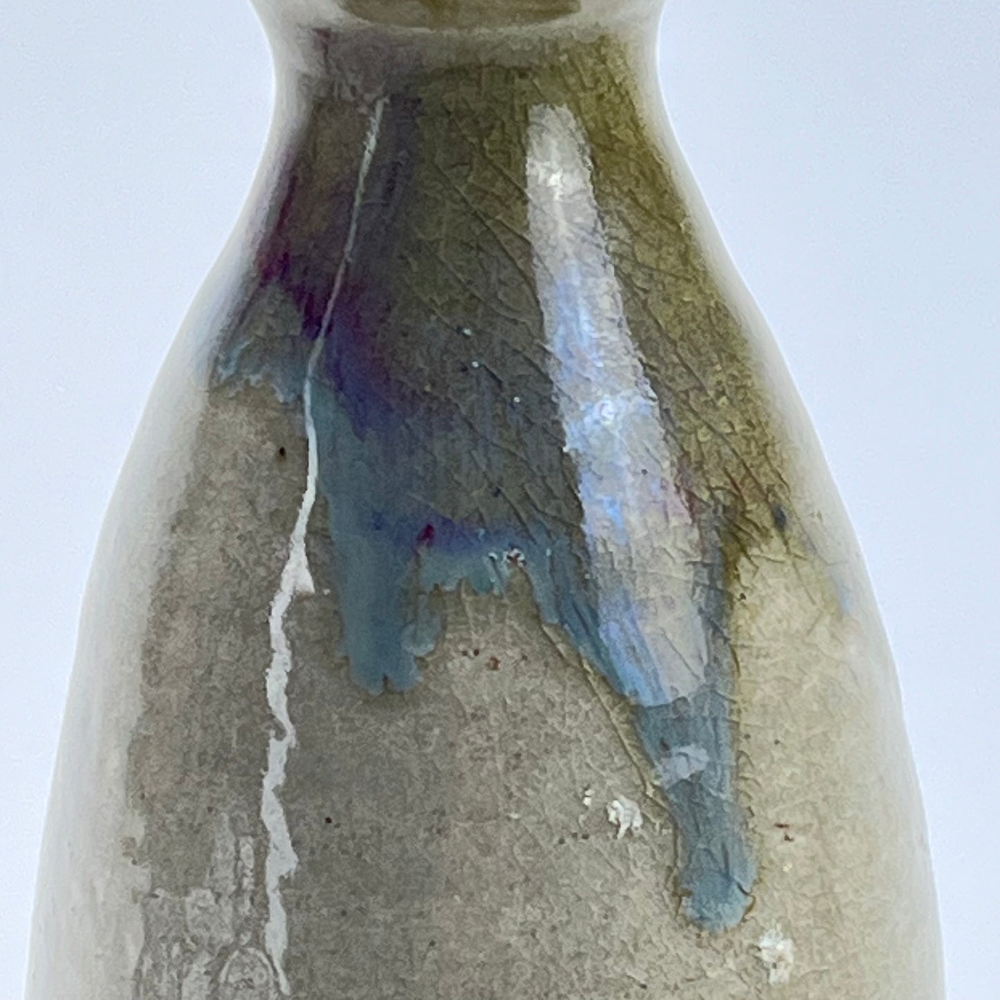 Antique Japanese Sake Bottle Tokkuri Blue Purple Hares Fur Glaze Spout 8”