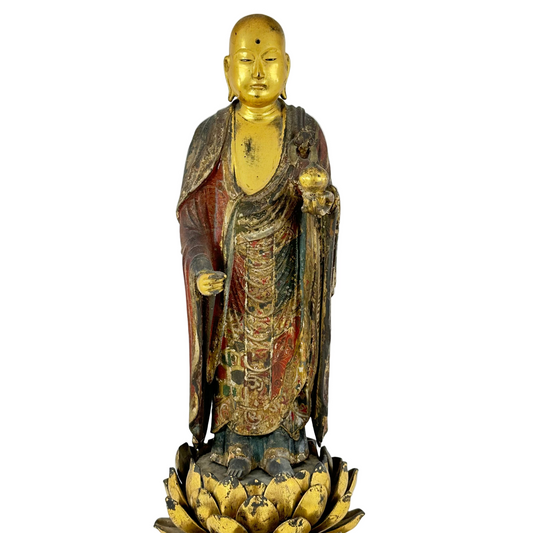 Antique Japanese Edo Period Gilt Wood Statue Jizō Bosatsu Standing Lotus Base 20"H LS#058