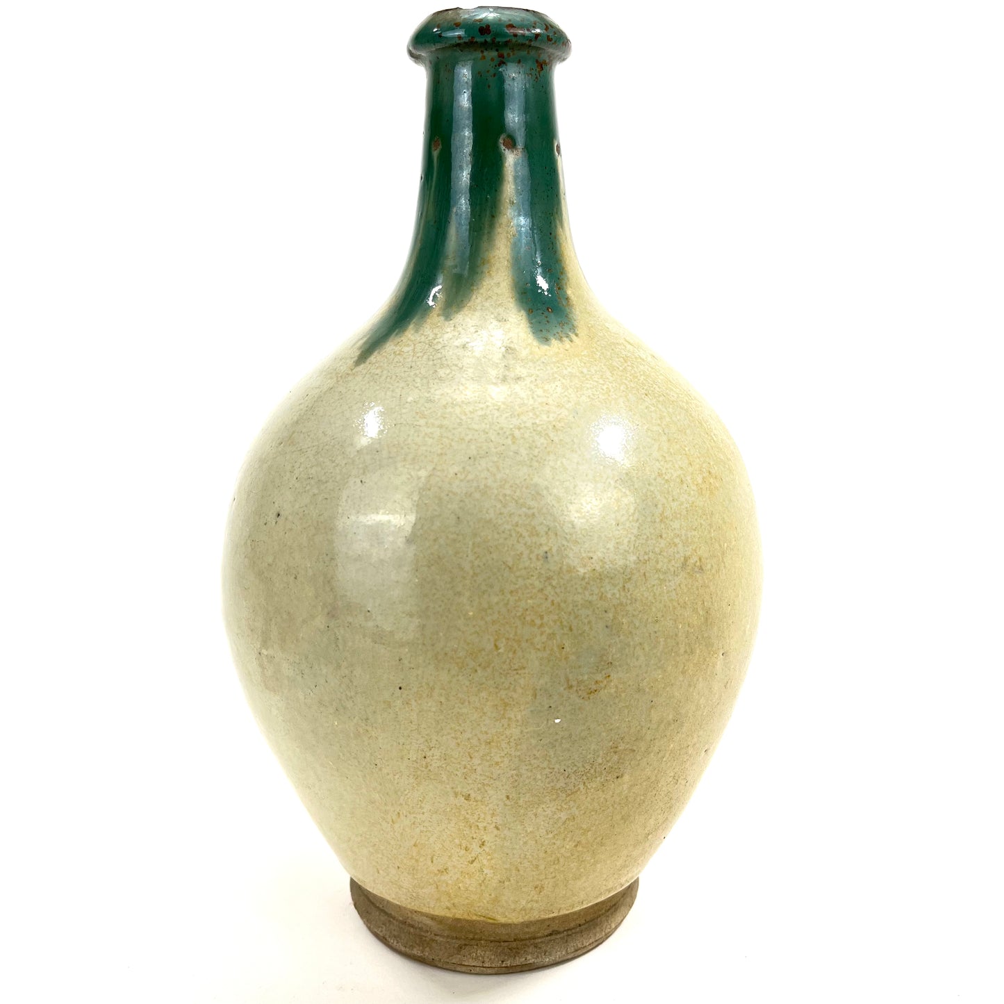 Antique Japanese Late Meiji Tokkuri Sake Bottle Vase Green Hare's Fur 10” Chip Rim