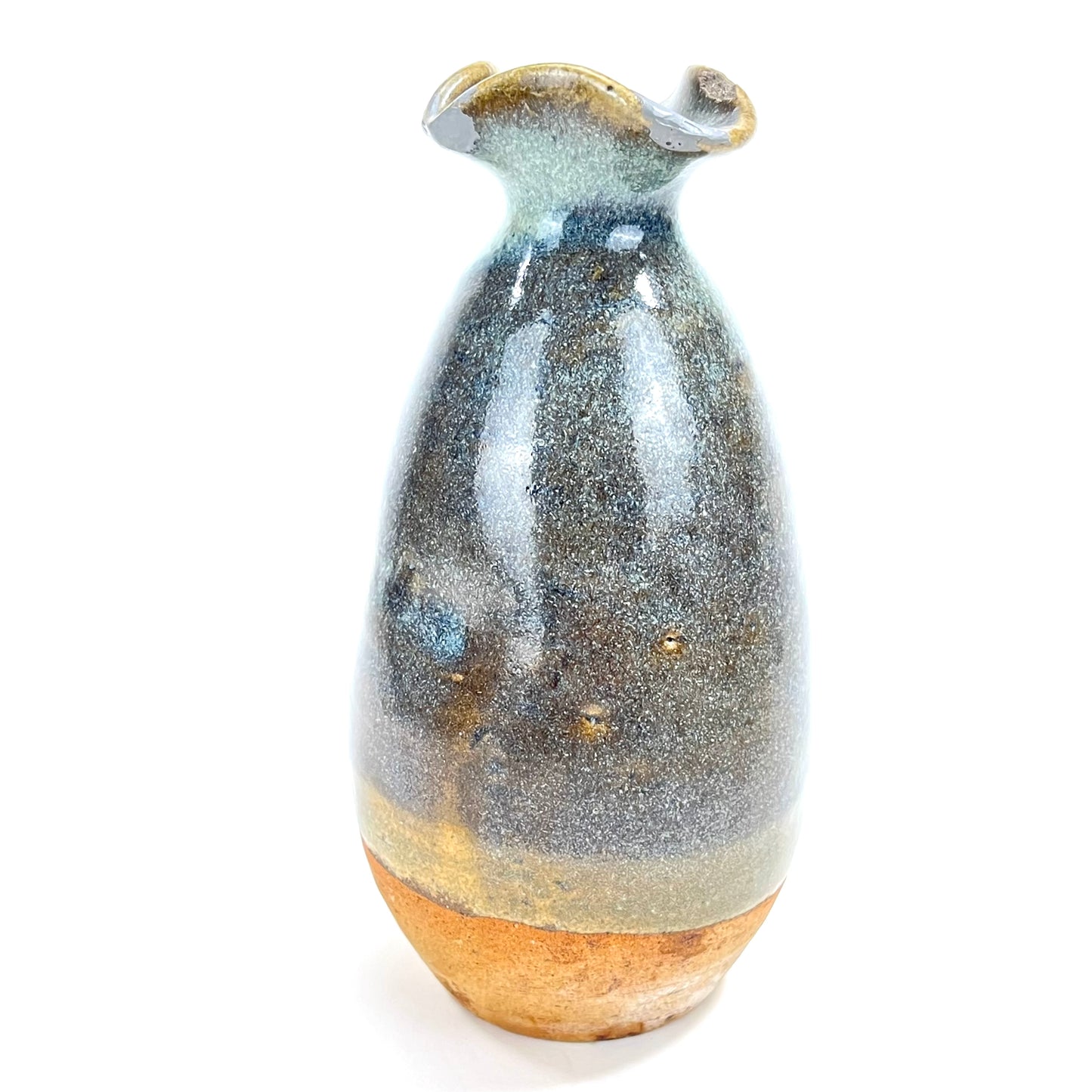 Antique Japanese Sake Bottle Tokkuri Brown&Blue Hares Fur Glaze Spout 8” chipped rim