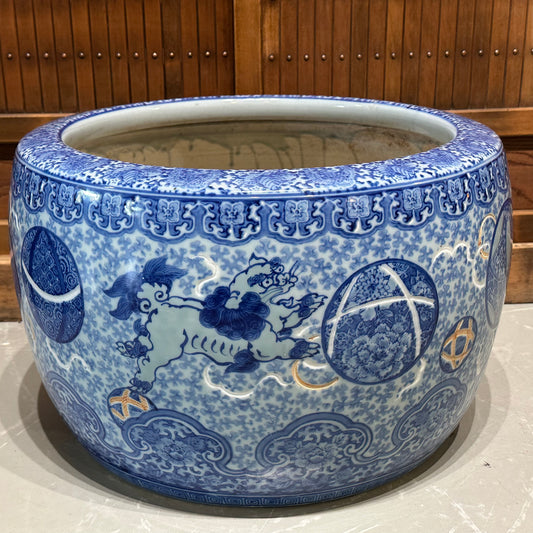 Antique Japanese Meiji Era Ceramic Blue & White Hibachi Brazier Floral Motif 20”