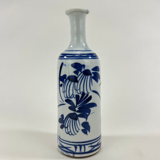 Antique Japanese Edo Era c1800's Ceramic Blue & White Tokkuri Sake Bottle 9”