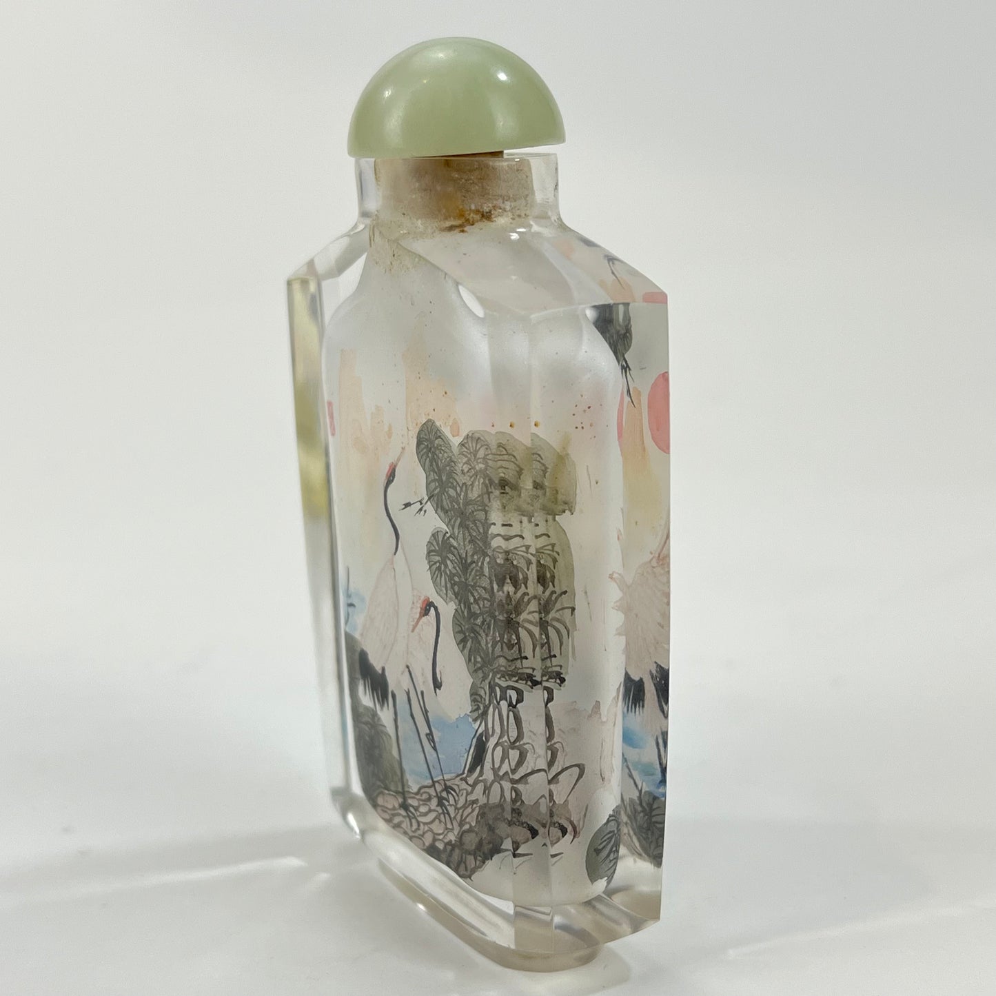 Vintage Chinese Signed Snuff Bottle Reverse-Painted Crane Motif 3"