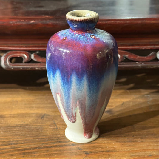 MMatsuyama Gaei Peacock Glaze Vase Japanese Hand Thrown w/ Box 4.5"