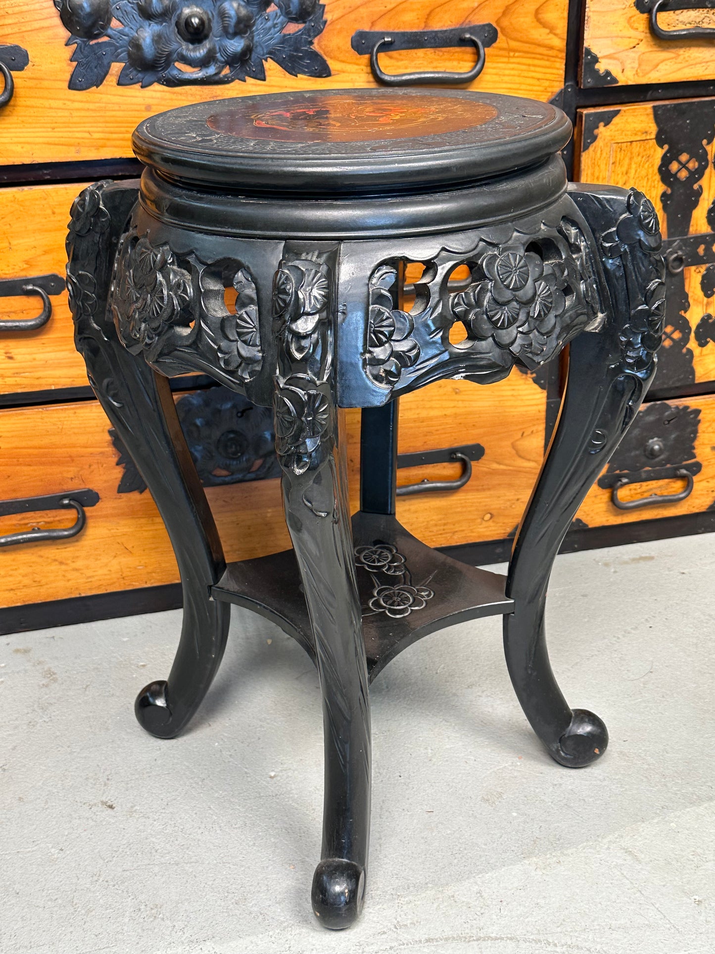 Chinese Carved Hardwood Plant/Vase Stand Lacquered Top w/ Dragon Medallion 24"H