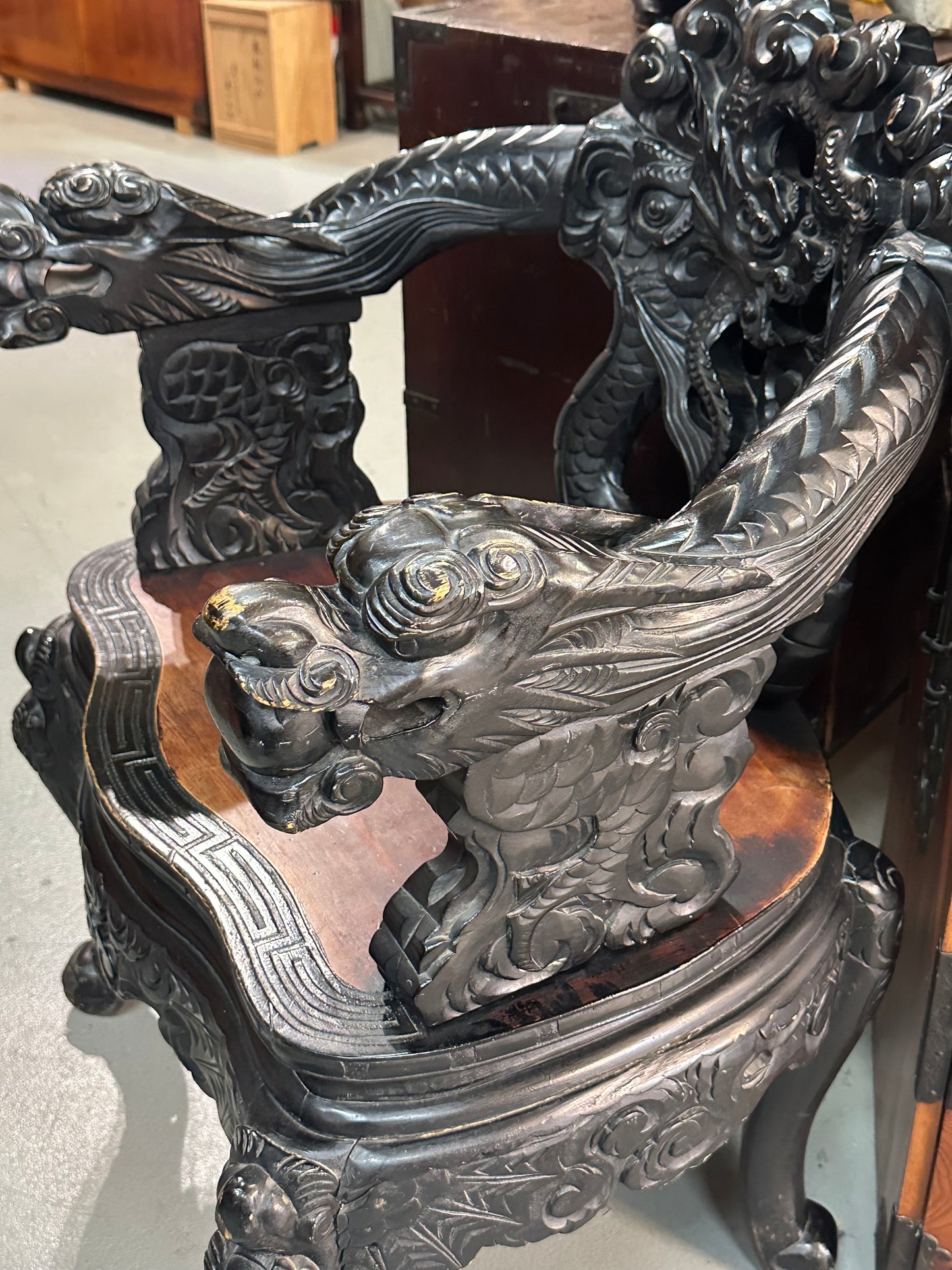 Japanese Dragon-Carved Export Armchair in Sugi Wood Meiji Era, c.1900 18" Seat