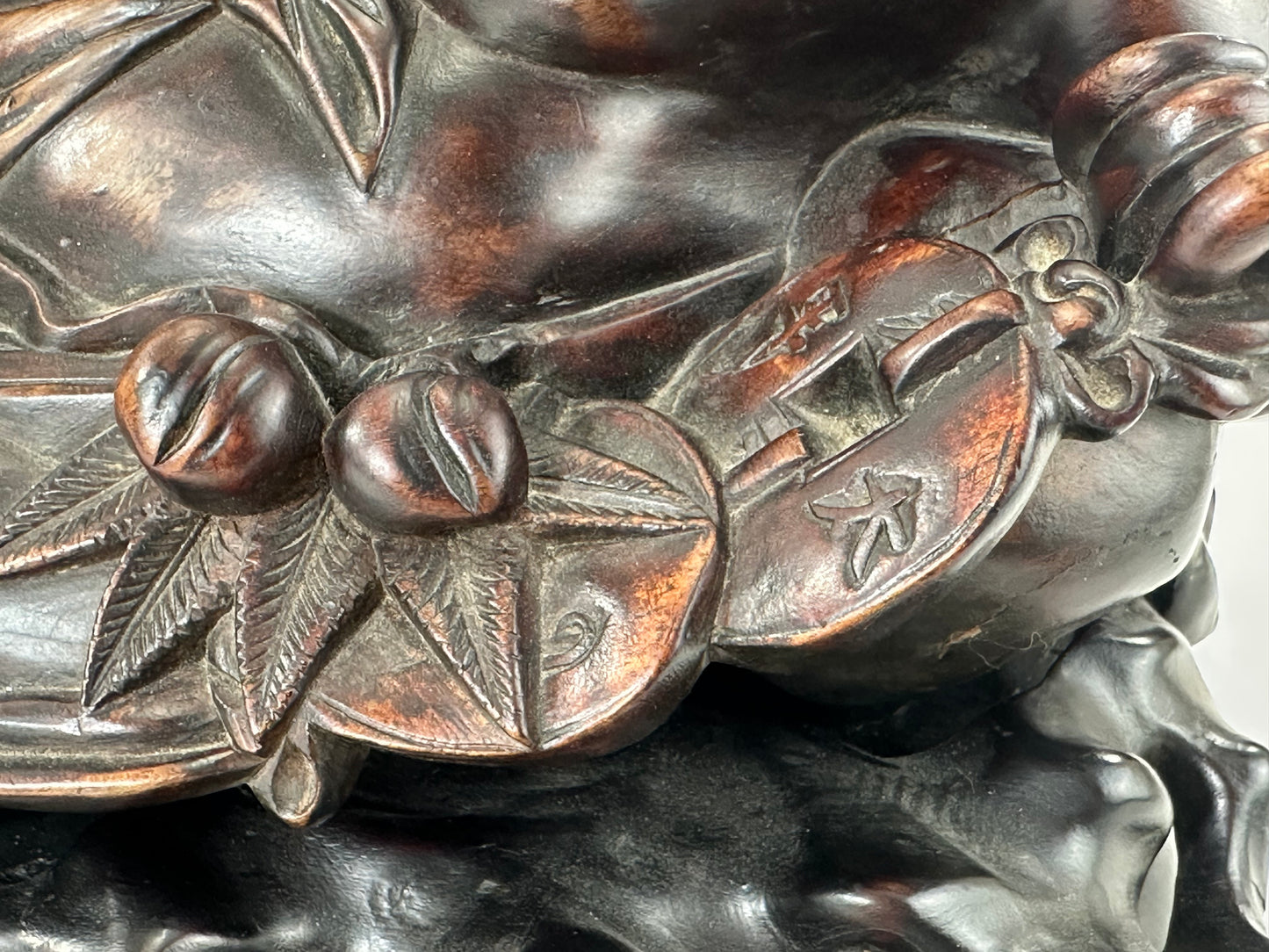 Chinese Hongmu Reclining Budai / Hotei with Three-Legged Lucky Frog – 16"