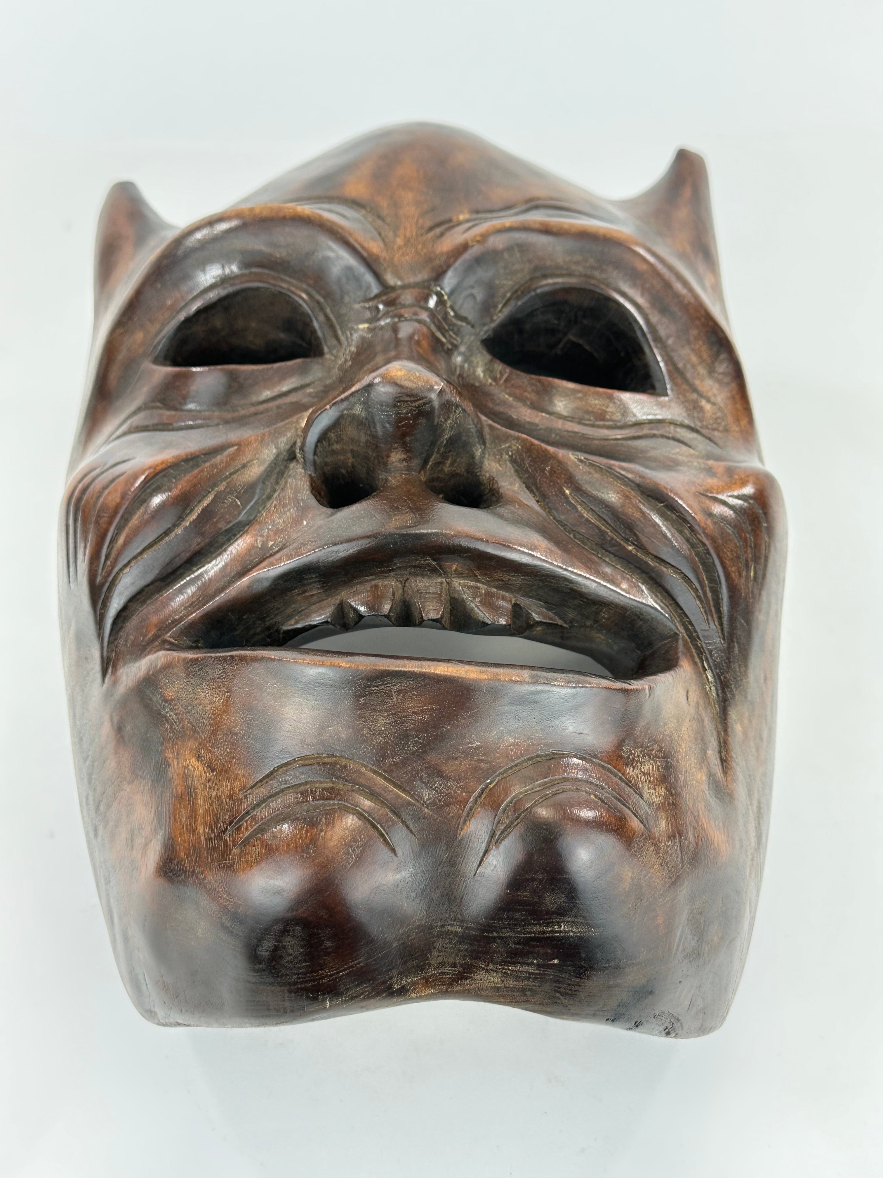 Vintage Japanese c1950's Folk Art Oni Mask Hand Carved Wood Wall