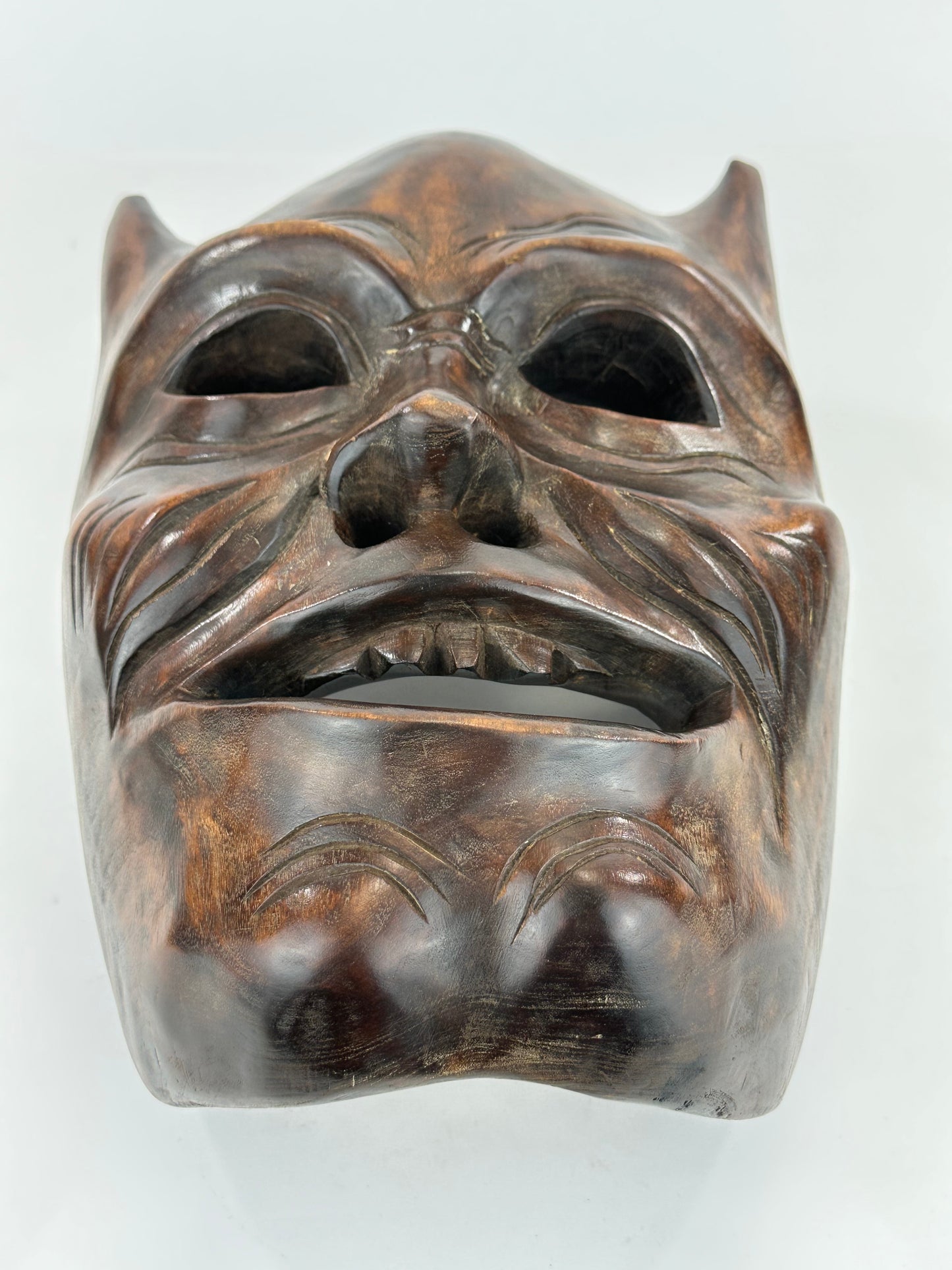 Vintage Japanese c1950's Folk Art Oni Mask Hand Carved Wood Wall Hanging 13"