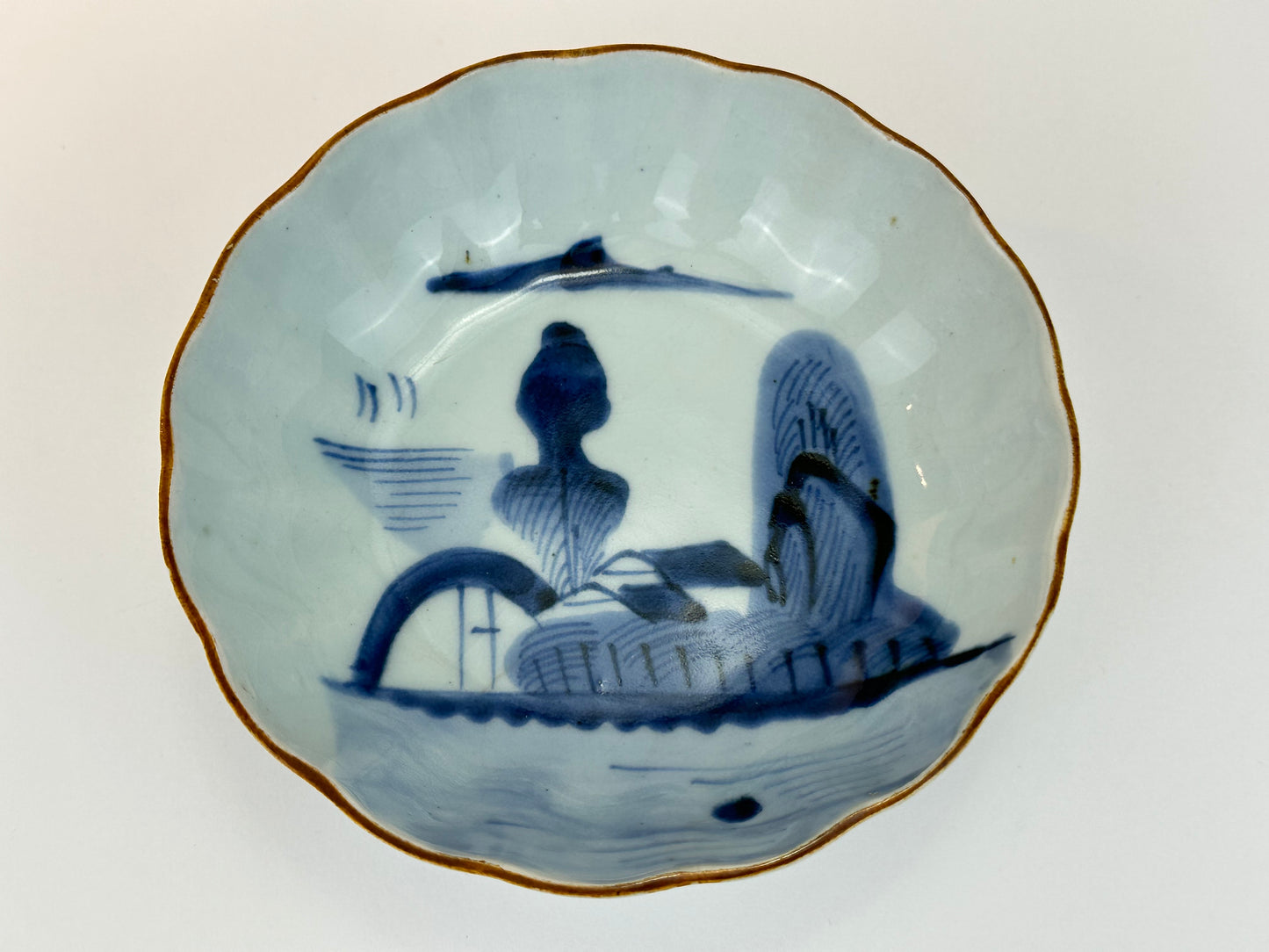 Antique Japanese Imari Scalloped Porcelain Bowl Underglaze Blue Design 6.25"W