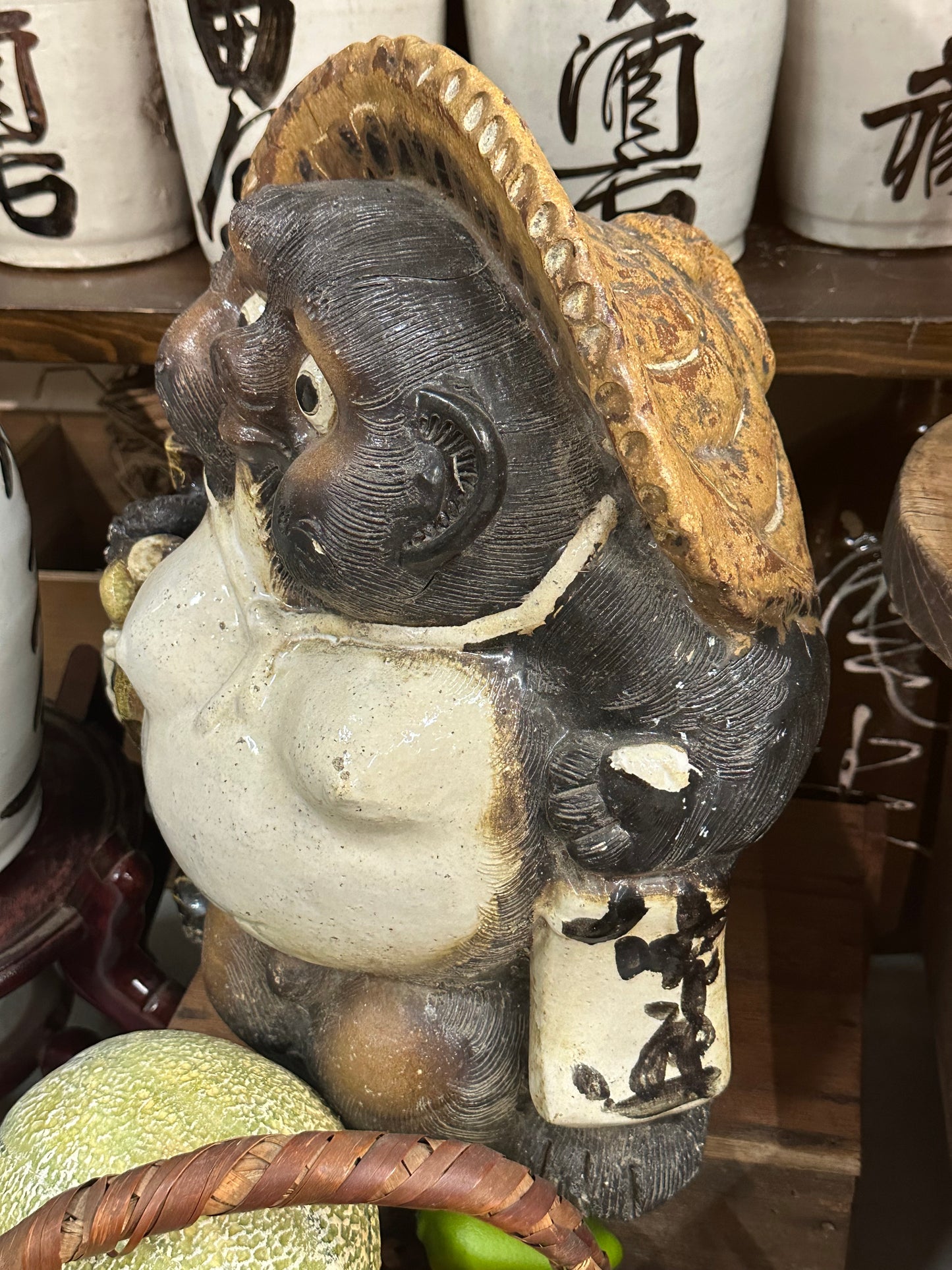 Vintage Japanese Ceramic Tanuki Statue Abundance & Prosperity 15"Hx11W"