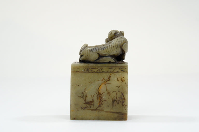 Antique Japanese Handcarved Inkan Marble Stamp Zodiac Tiger 3”