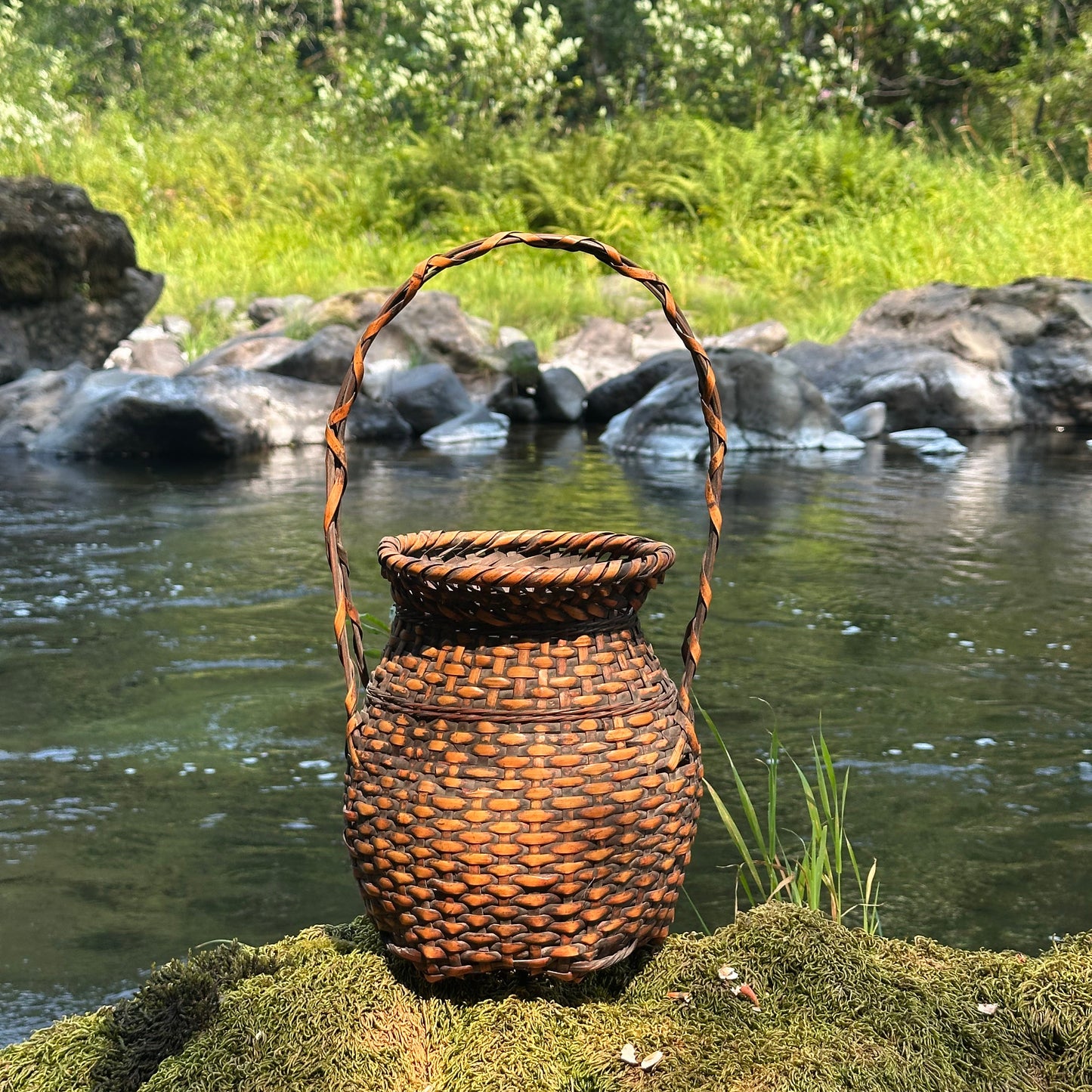 Antique Japanese Taisho Era c1920's Bamboo Kago Ikebana Basket 17"H