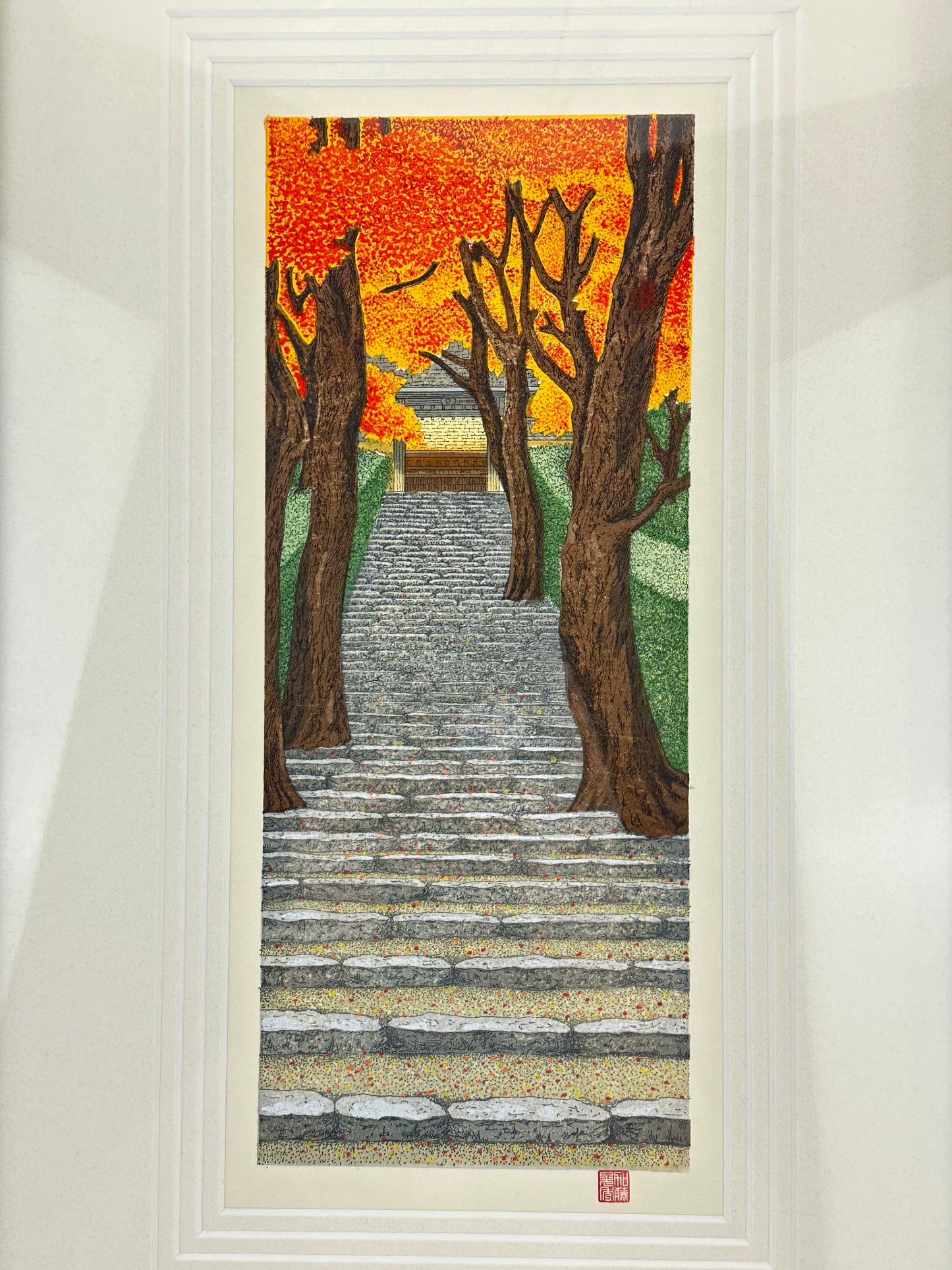 Japanese Original Woodblock Print by Teruhide Kato (1936–2015) "Autumn Leaves" Framed LS#230