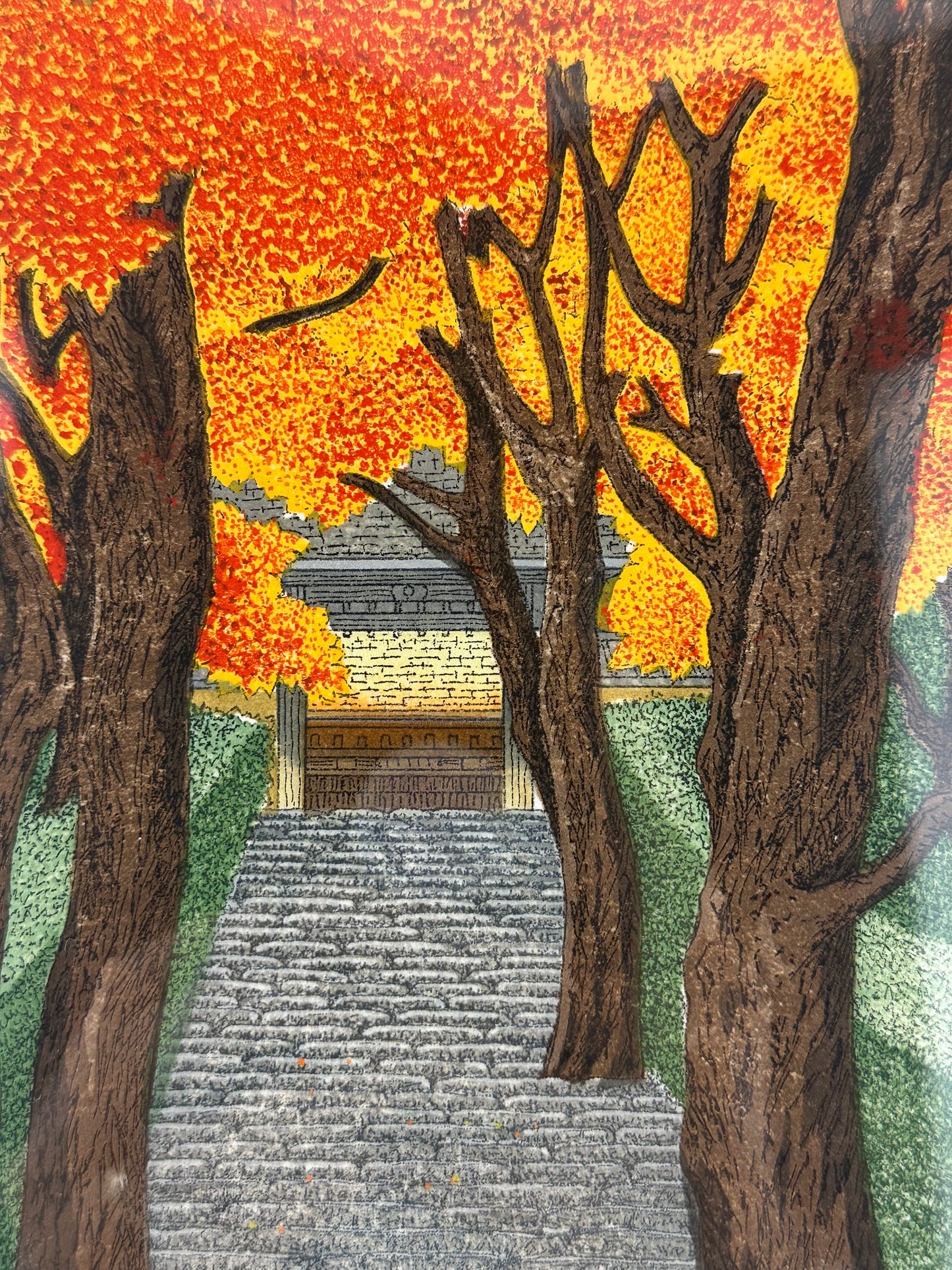 Japanese Original Woodblock Print by Teruhide Kato (1936–2015) "Autumn Leaves" Framed LS#230