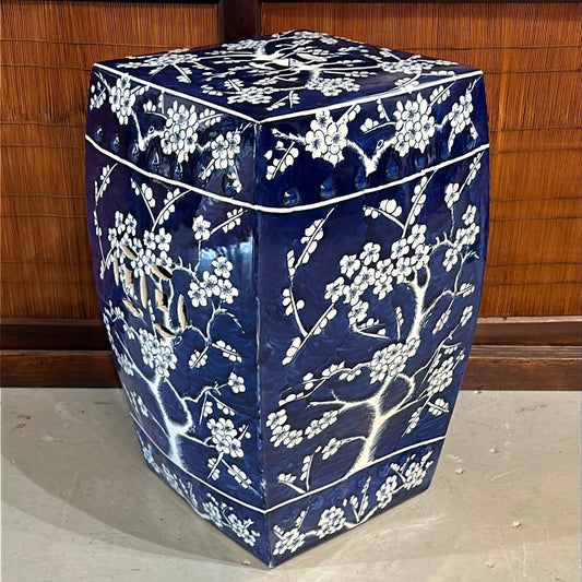 Vintage Chinese Ceramic Garden Stool Plum Blossom Motif Cobalt Blue 18”