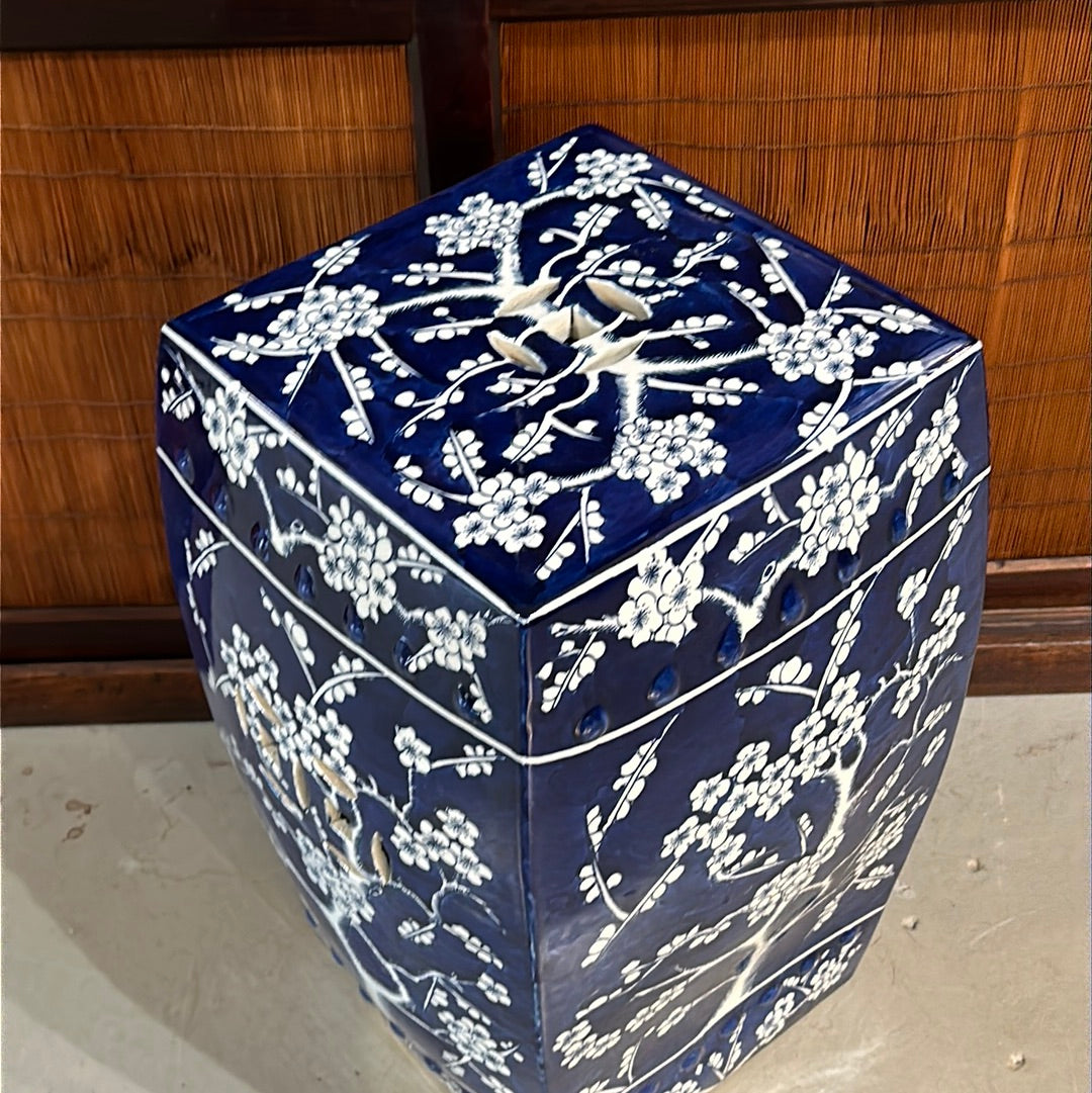 Vintage Chinese Ceramic Garden Stool Plum Blossom Motif Cobalt Blue 18”