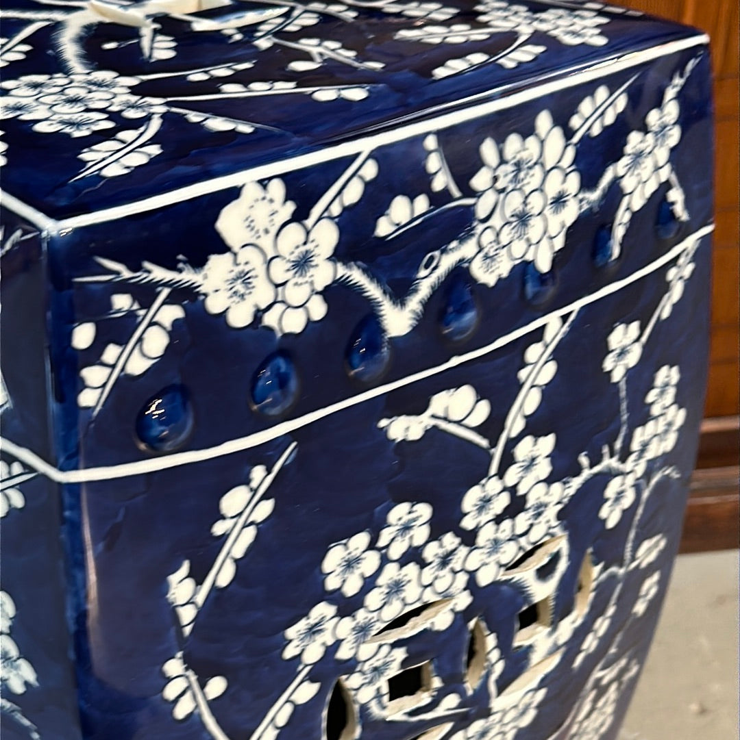 Vintage Chinese Ceramic Garden Stool Plum Blossom Motif Cobalt Blue 18”