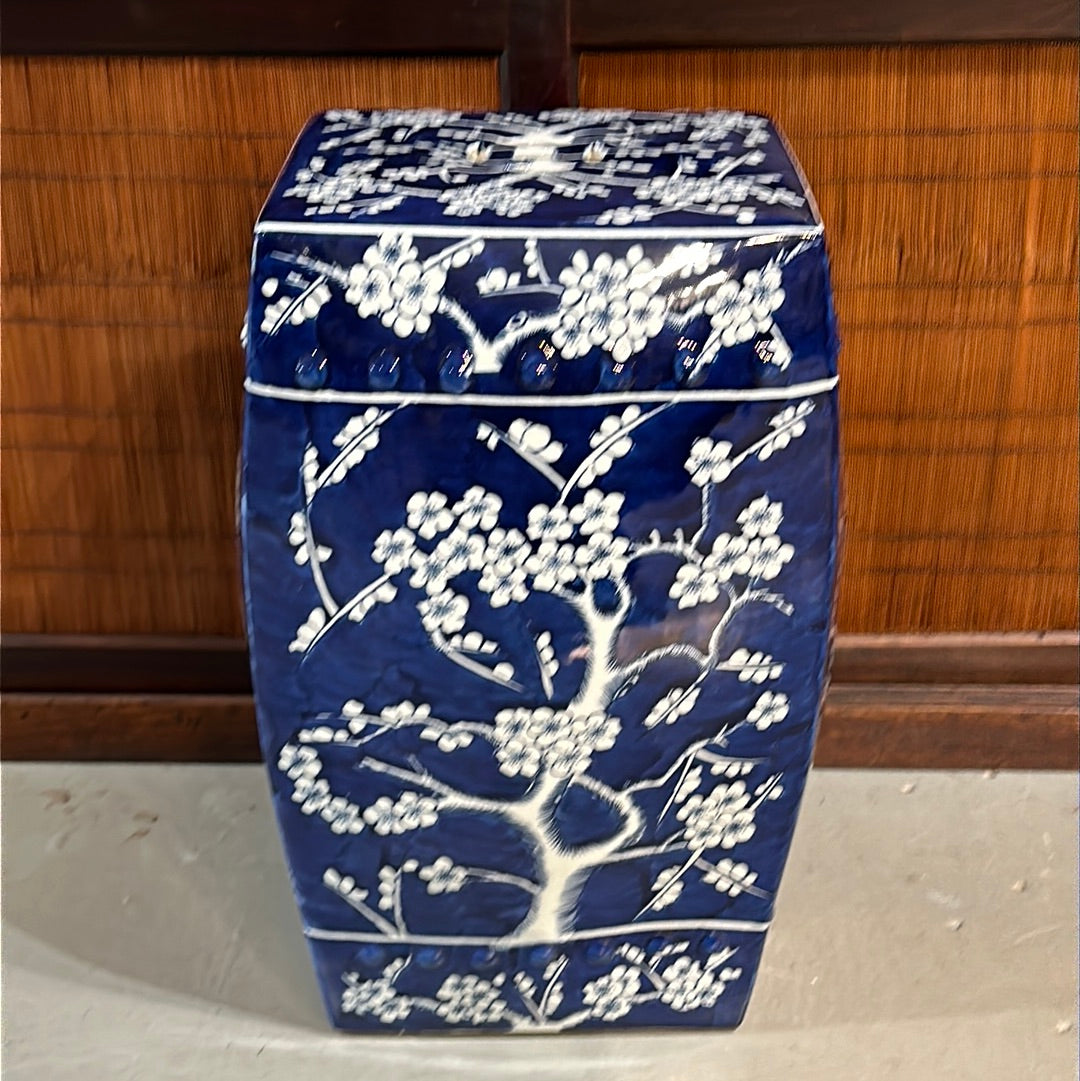 Vintage Chinese Ceramic Garden Stool Plum Blossom Motif Cobalt Blue 18”