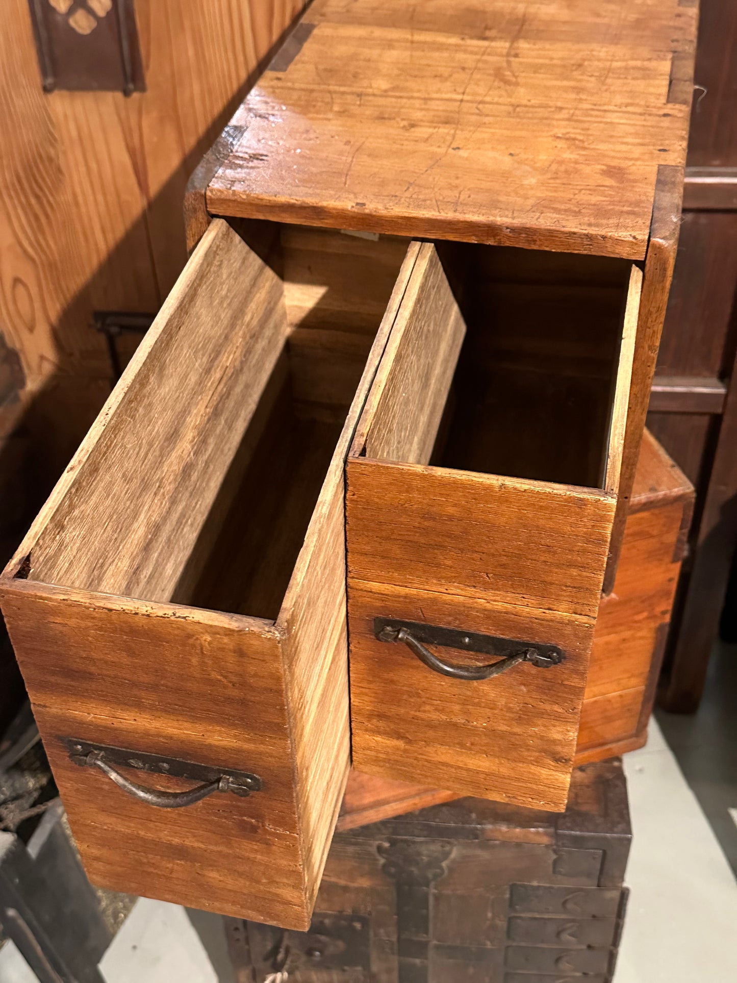 Antique Japanese Small Tansu Taisho Era c1920’s Two Drawer 10.5”W