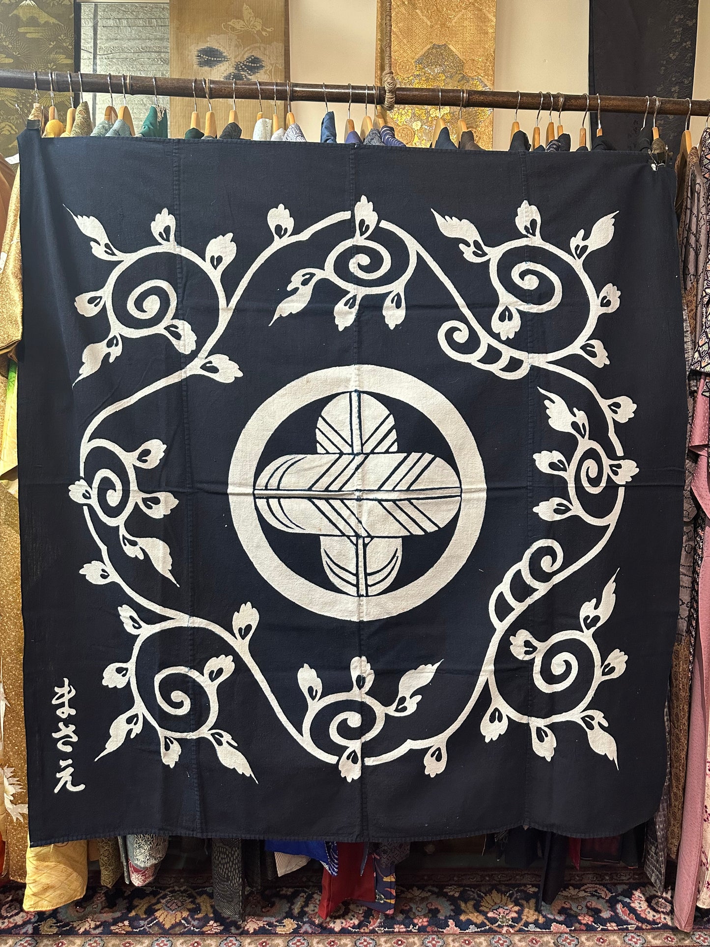 Antique Japanese 19th Century Textile Cross Feather Mon - Tsutsugaki 57"x53”