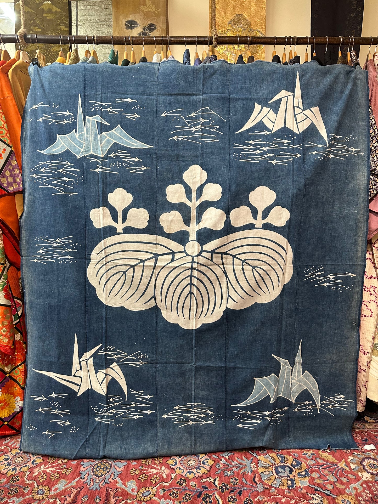 Antique Japanese 19th Century Textile Kiri Leaf & Cranes - Tsutsugaki 72"x62"