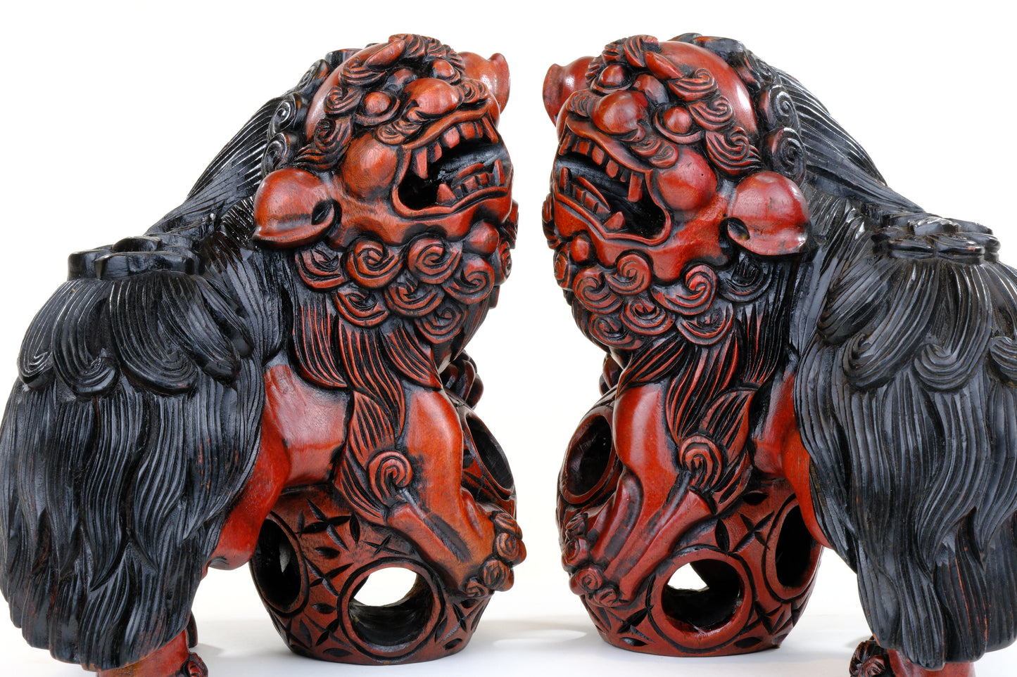 Vintage Japanese Carved Wood Foo Dog Pair Shishi Guardian Lions 10"H