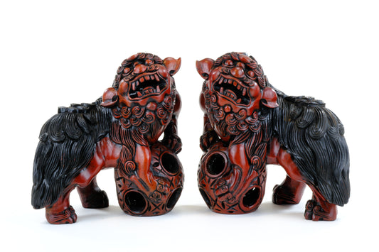 Vintage Japanese Carved Wood Foo Dog Pair Shishi Guardian Lions 9"H