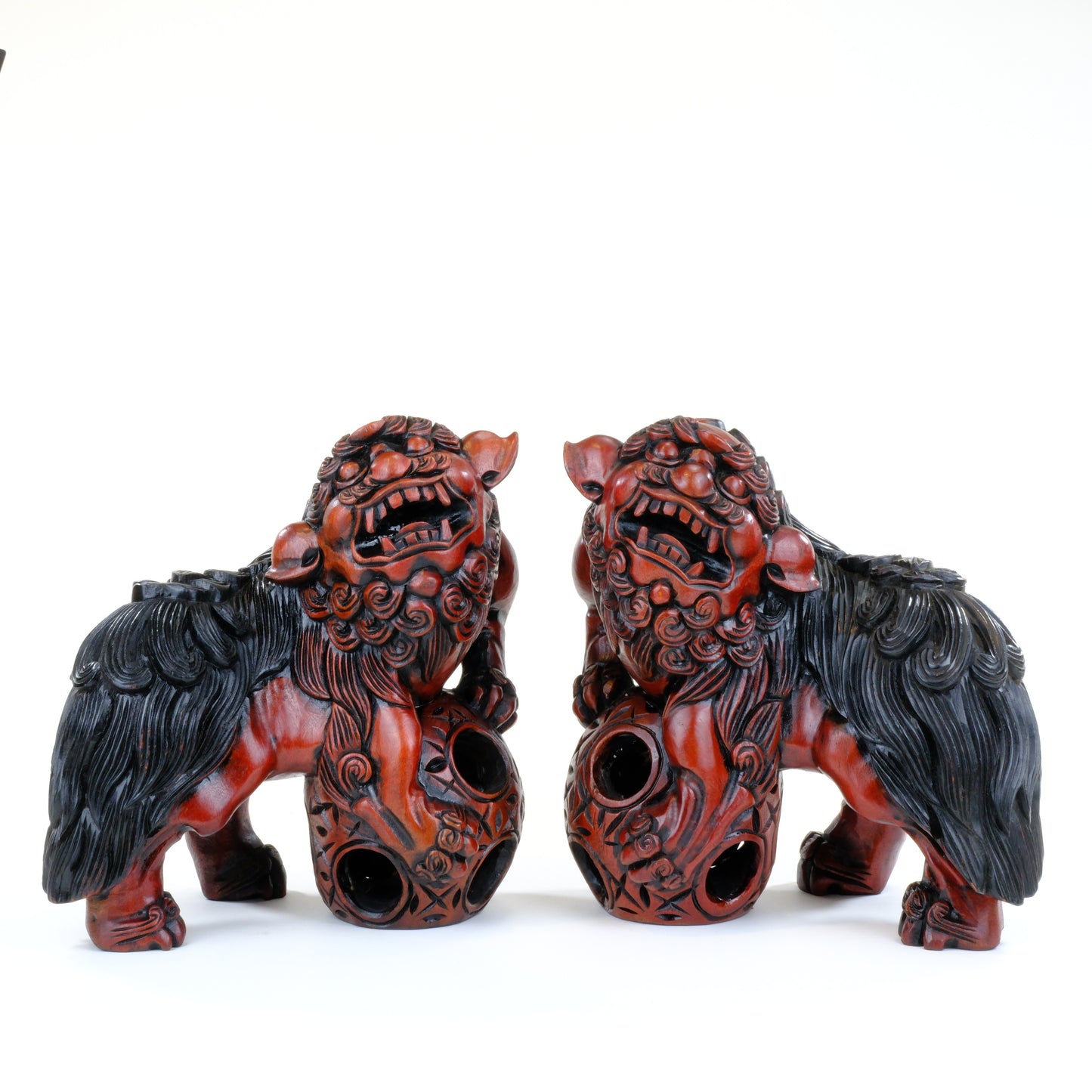 Vintage Japanese Carved Wood Foo Dog Pair Shishi Guardian Lions 10"H