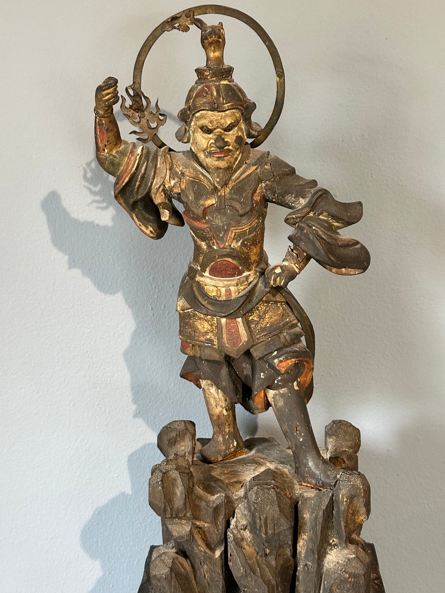 Antique Japanese Bishamonten (Vaiśravaṇa) Guardian King Statue Edo period (17th–19th century) Carved Wood w polychrome and gilding LS#047