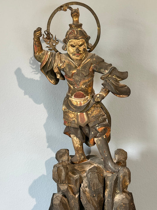 Antique Japanese Bishamonten (Vaiśravaṇa) Guardian King Statue Edo period (17th–19th century) Carved Wood w polychrome and gilding LS#047