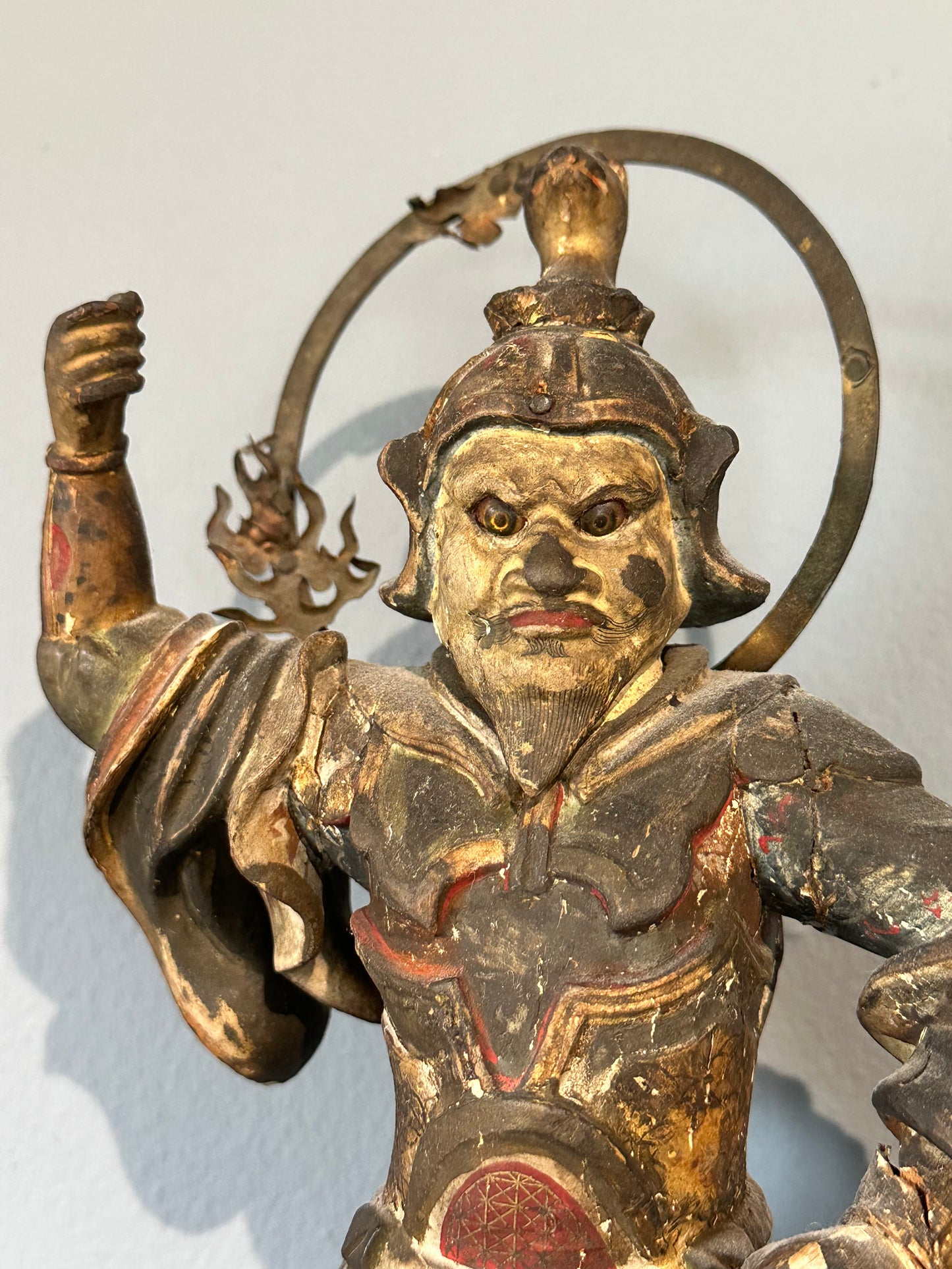 Antique Japanese Bishamonten (Vaiśravaṇa) Guardian King Statue Edo period (17th–19th century) Carved Wood w polychrome and gilding LS#047