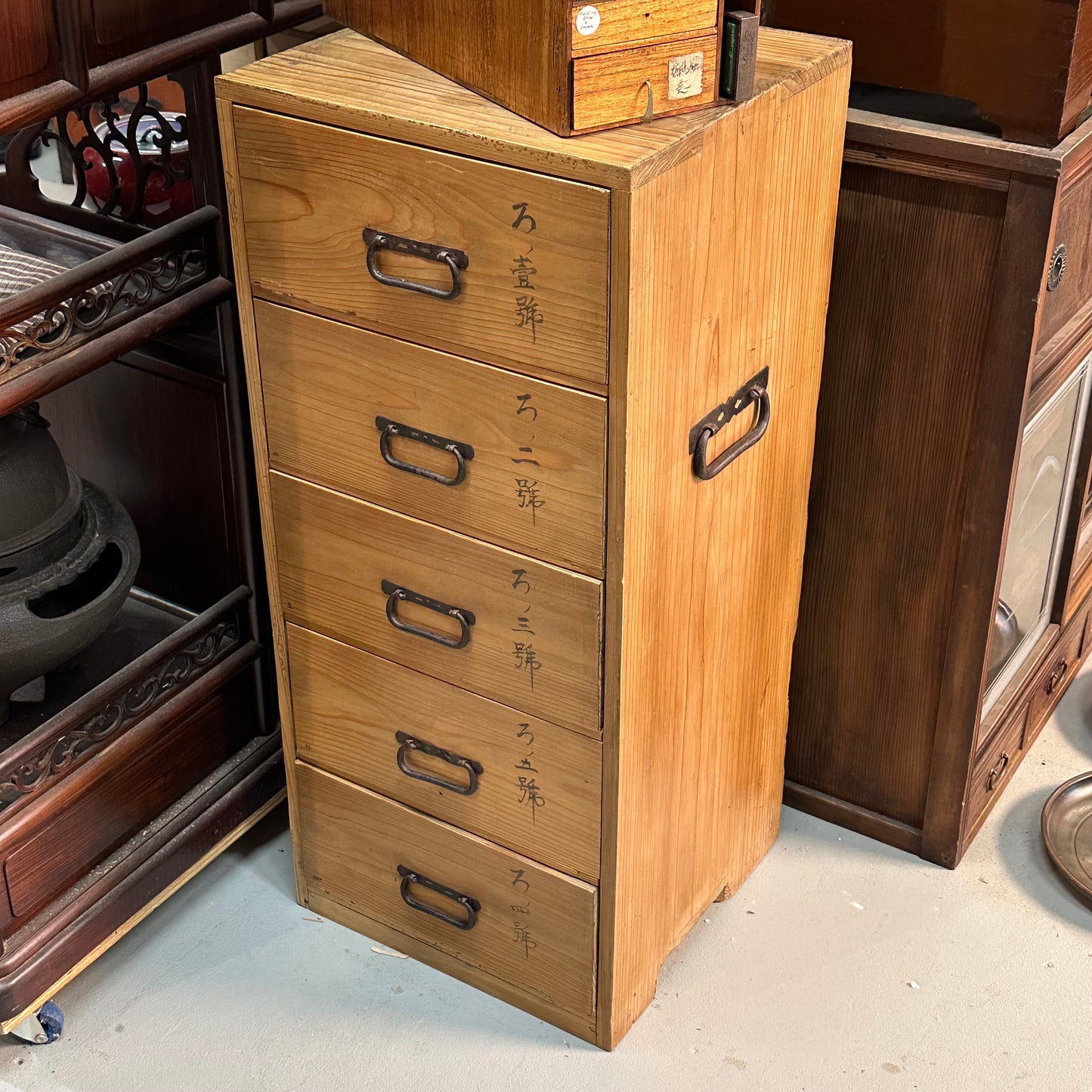 Antique Japanese Tansu Chest 5-Drawer Ko-Dansu Sugi Cedar Calligarphy 32"
