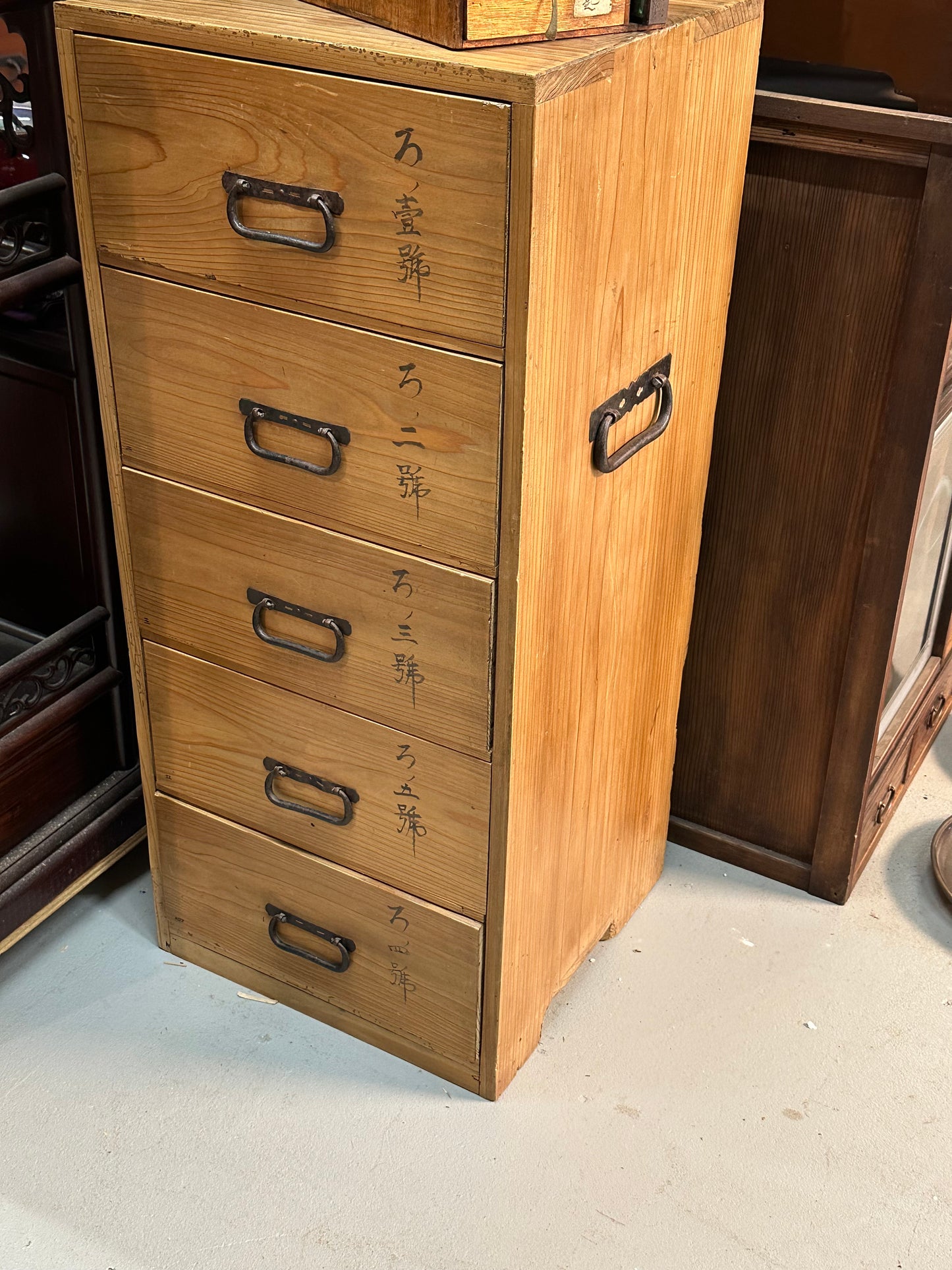 Antique Japanese Tansu Chest 5-Drawer Ko-Dansu Sugi Cedar Calligarphy 32"
