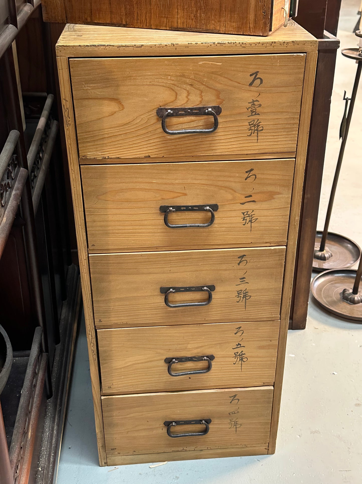 Antique Japanese Tansu Chest 5-Drawer Ko-Dansu Sugi Cedar Calligarphy 32"