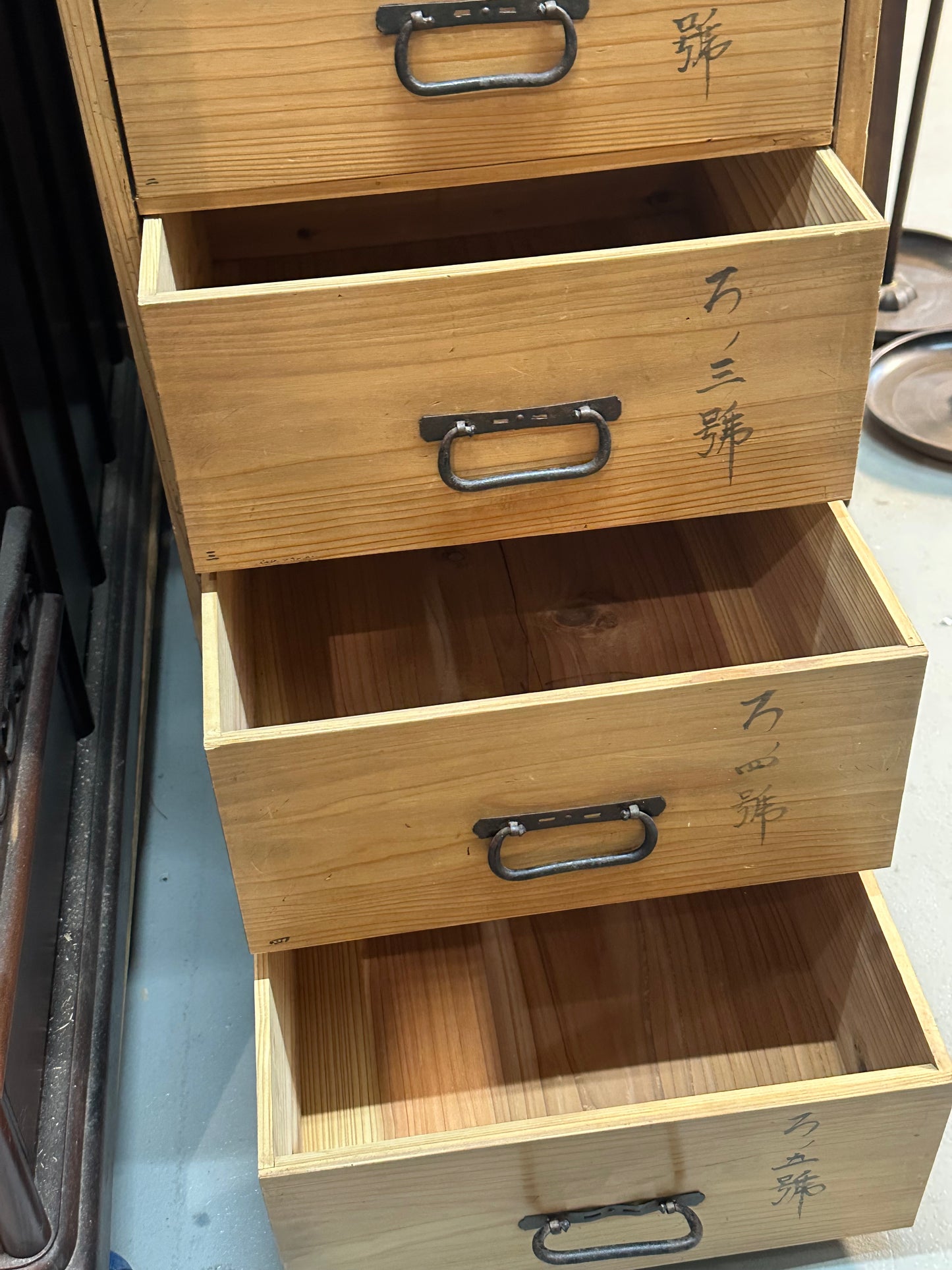 Antique Japanese Tansu Chest 5-Drawer Ko-Dansu Sugi Cedar Calligarphy 32"