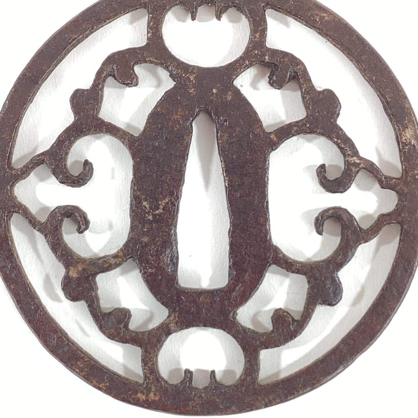 Antique Japanese Edo Period c18th/19thC Iron Sukashi Tsuba Samurai Scroll Design