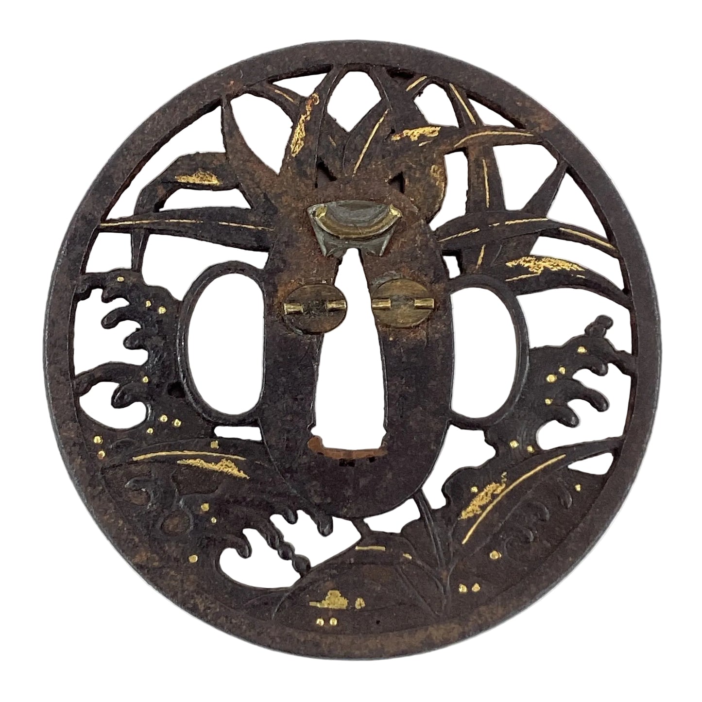 Antique Japanese Edo Period Iron & Gold Nunome Zogan Tsuba Samurai Sword Guard