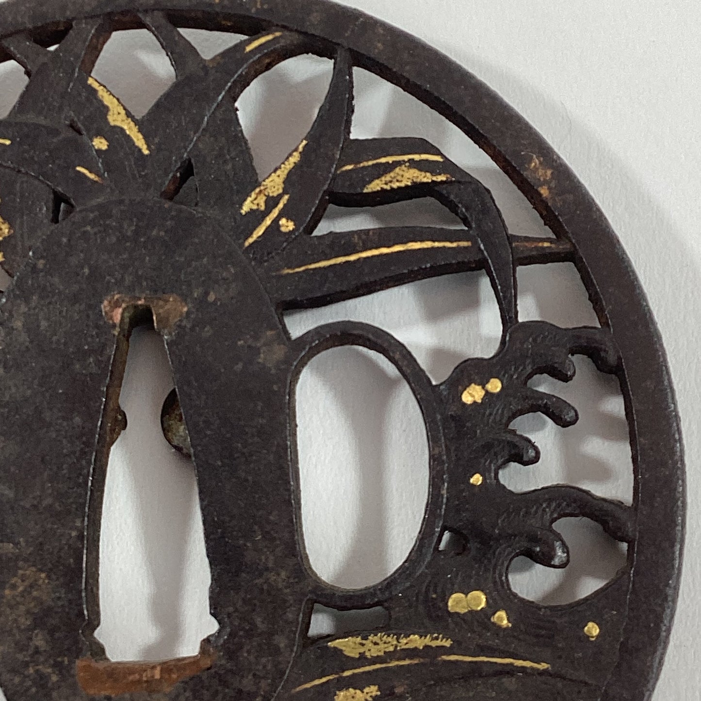 Antique Japanese Edo Period Iron & Gold Nunome Zogan Tsuba Samurai Sword Guard