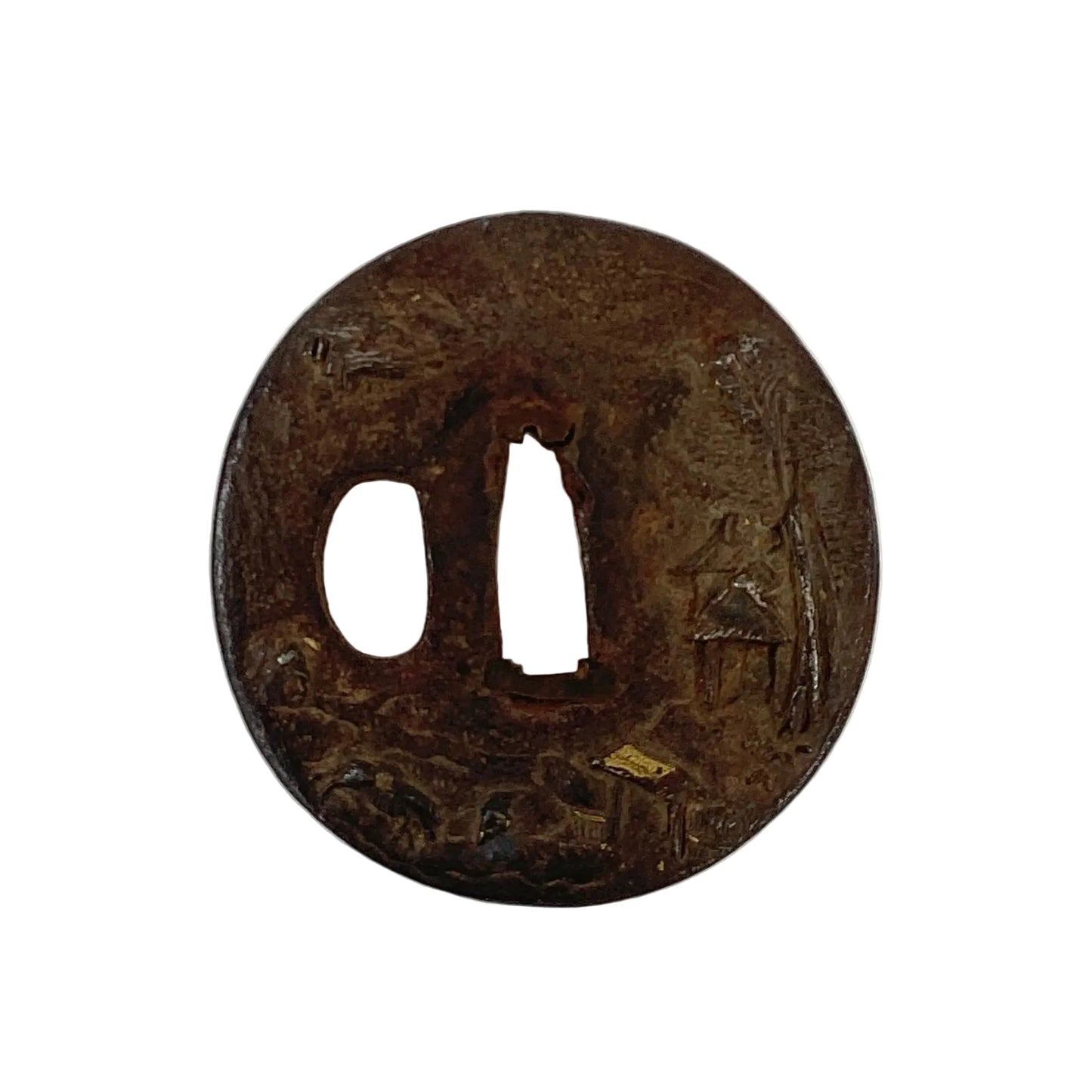 Antique Japanese Edo Period Iron Tsuba Landscape Scene & Gold Samurai Sword Guard
