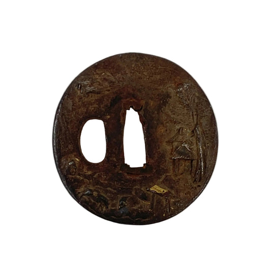 Antique Japanese Edo Period Iron Tsuba Landscape Scene & Gold Samurai Sword Guard