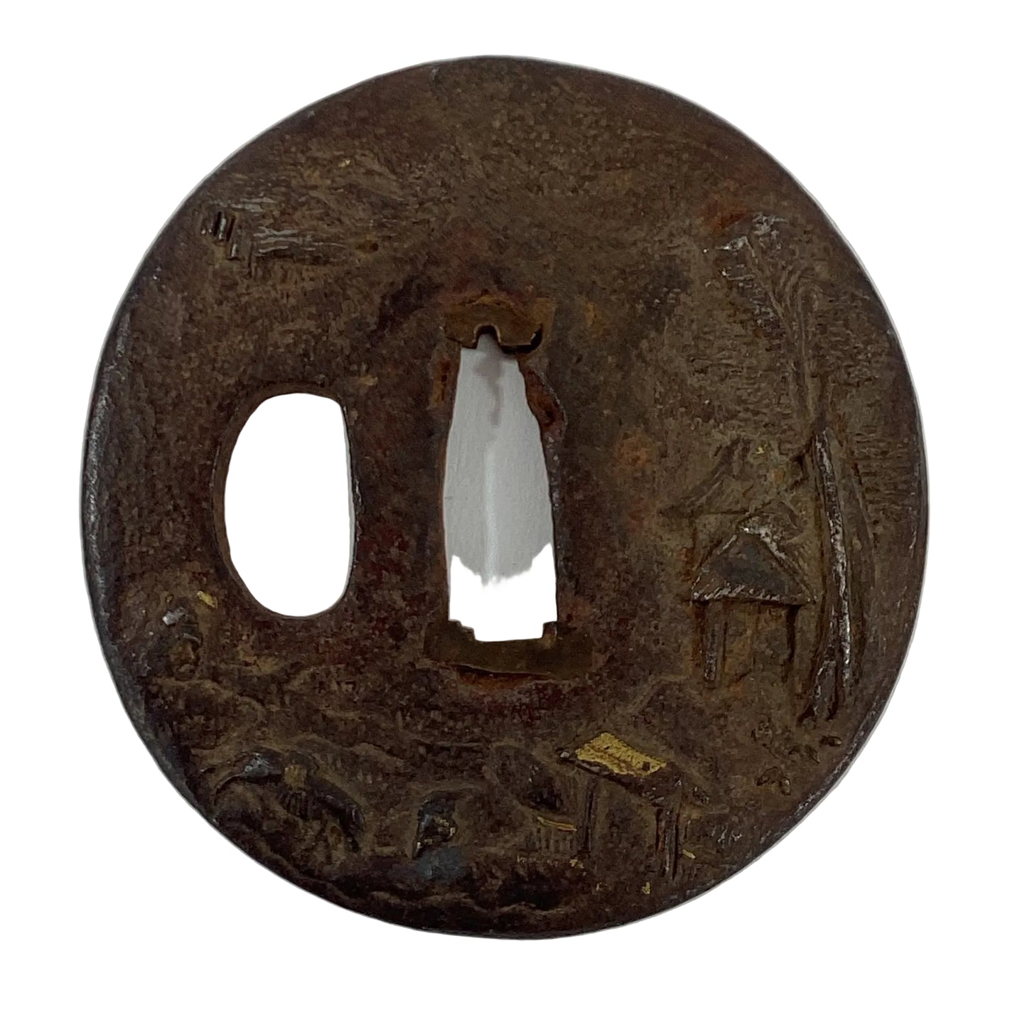 Antique Japanese Edo Period Iron Tsuba Landscape Scene & Gold Samurai Sword Guard