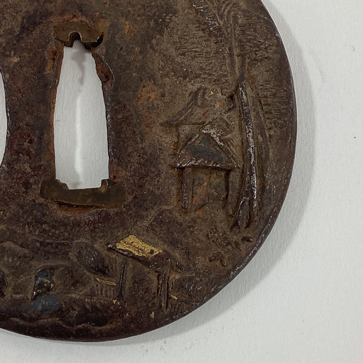 Antique Japanese Edo Period Iron Tsuba Landscape Scene & Gold Samurai Sword Guard
