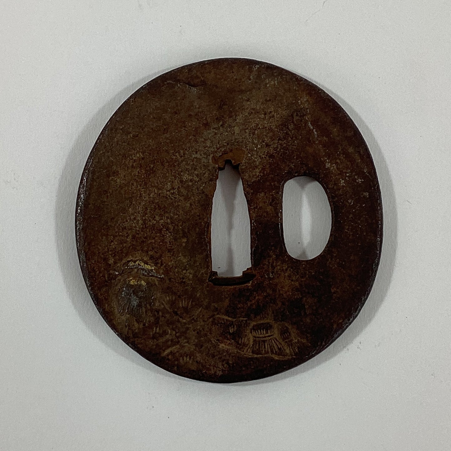 Antique Japanese Edo Period Iron Tsuba Landscape Scene & Gold Samurai Sword Guard